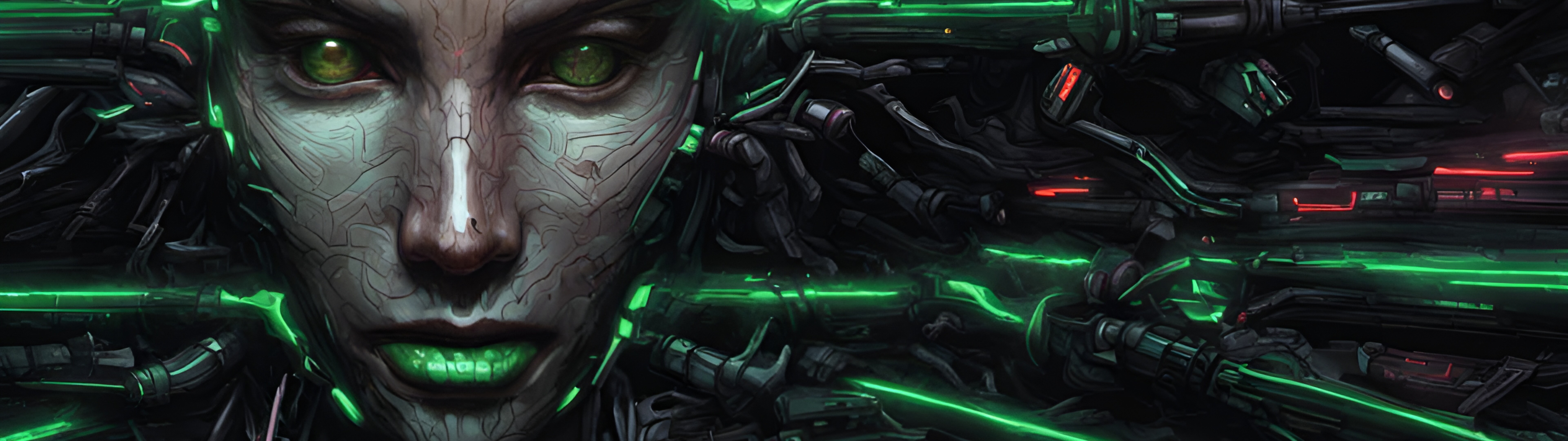 Детальное изображение биомеханических элементов персонажа Шодо из игры System Shock: светящиеся нейронные связи и кибернетические компоненты, выполненные в ретро-футуристическом стиле.