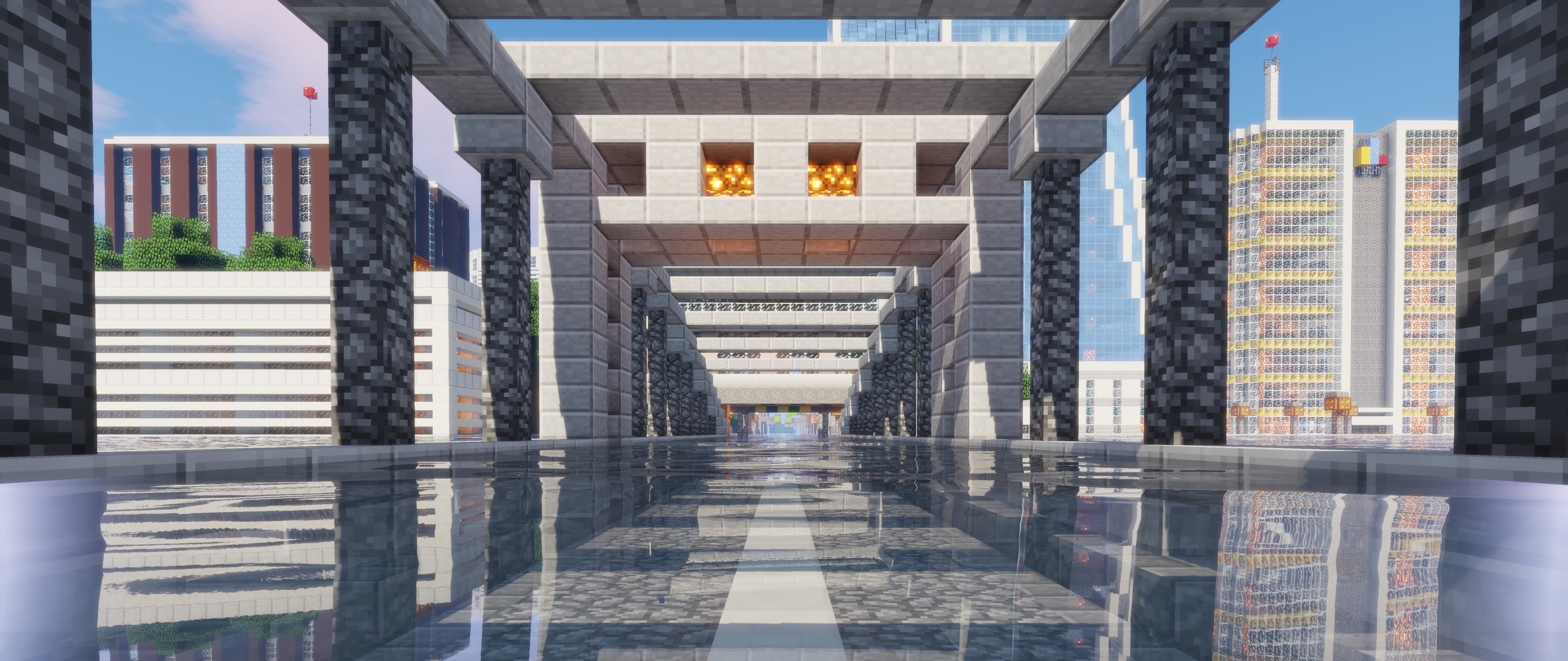 Персонаж Стив из игры Minecraft стоит на фоне прекрасного пейзажа, состоящего из блоков, с горами.