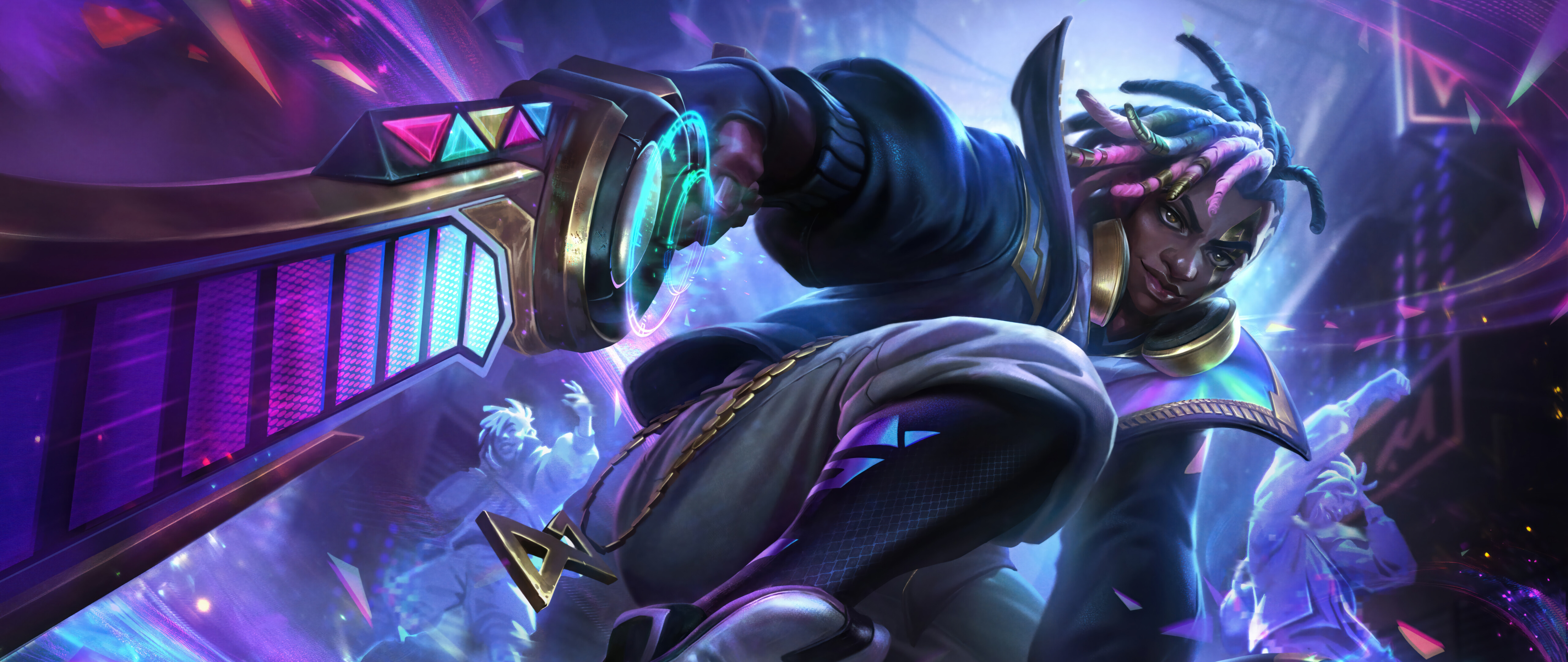 Высококачественная цифровая иллюстрация персонажа Экко из игры League of Legends, выполненная с большим вниманием к деталям и изображающая его в окружении неоновых огней и в футуристической уличной одежде.