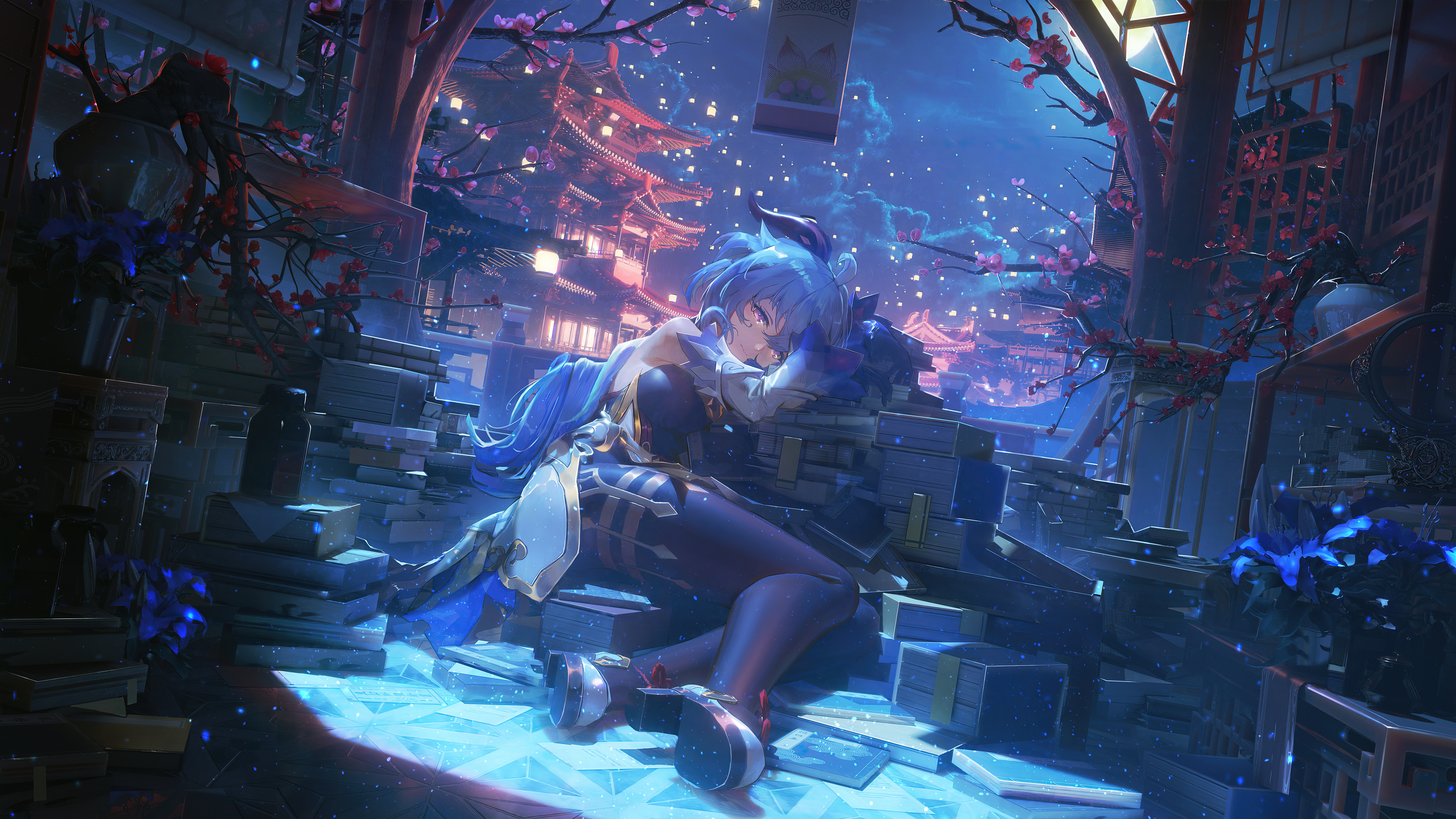 Очень подробное изображение Ганью из игры Genshin Impact, демонстрирующее её характерные рога и изящный дизайн персонажа.