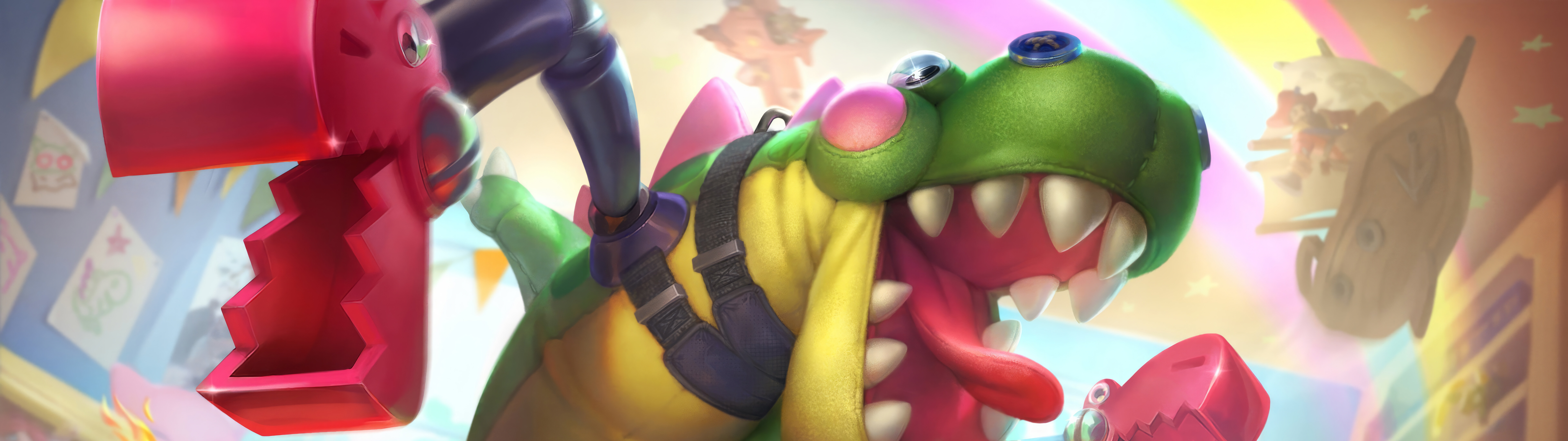 Огромное и устрашающее демоническое существо, Чо’гат из игры League of Legends, с мрачной внешностью, вдохновлённой Бездной.