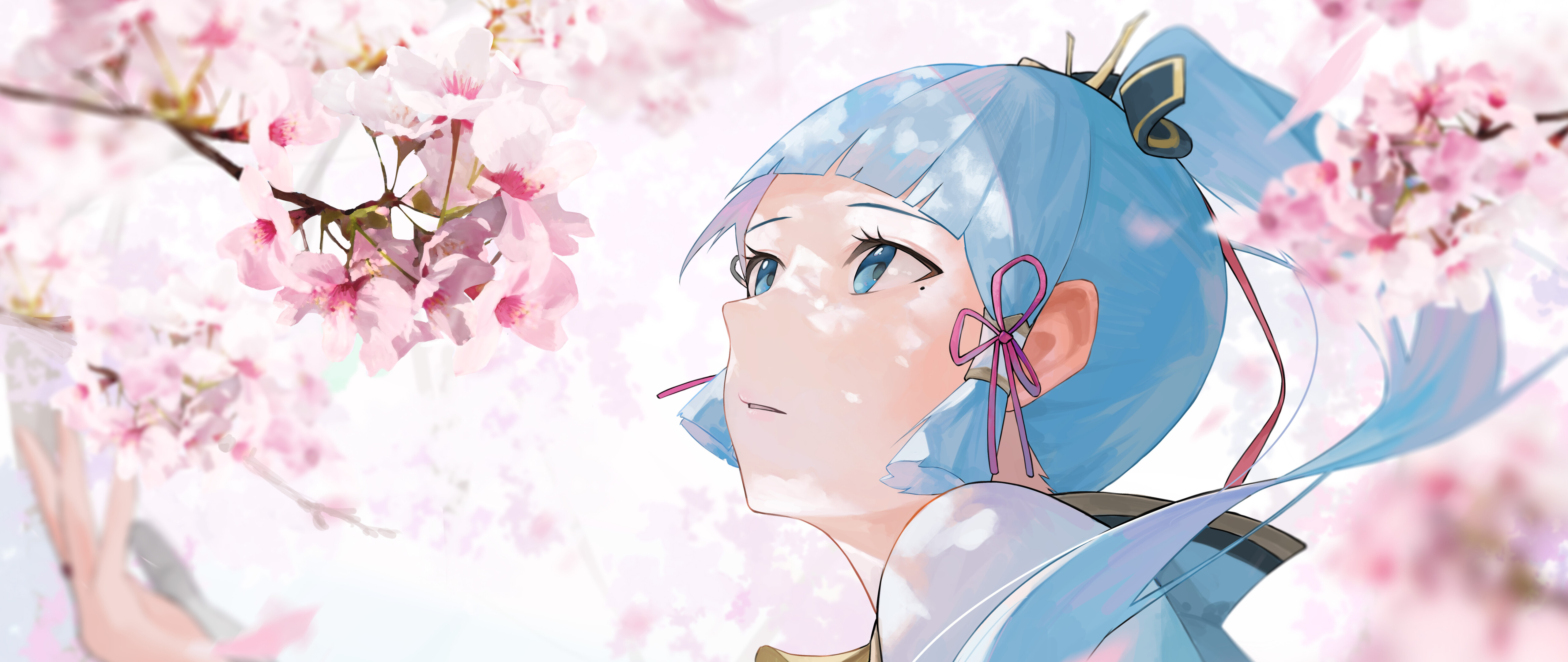 Подробный портрет персонажа Камисато Аяка из игры Genshin Impact.