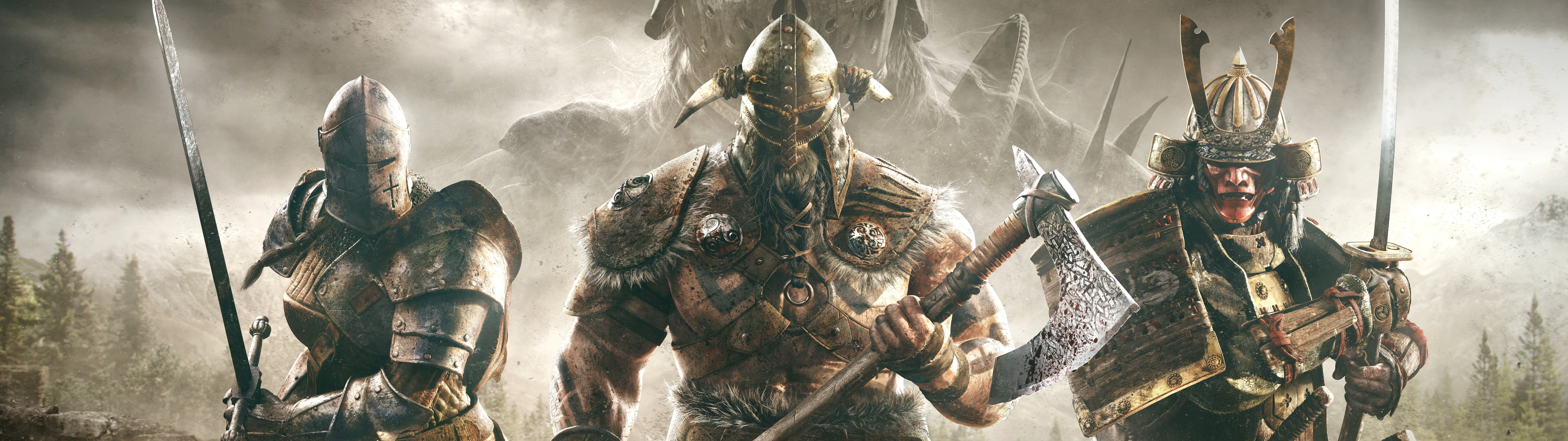 Тяжеловооружённый рыцарь из видеоигры For Honor готовится к средневековому бою на поле сражения.