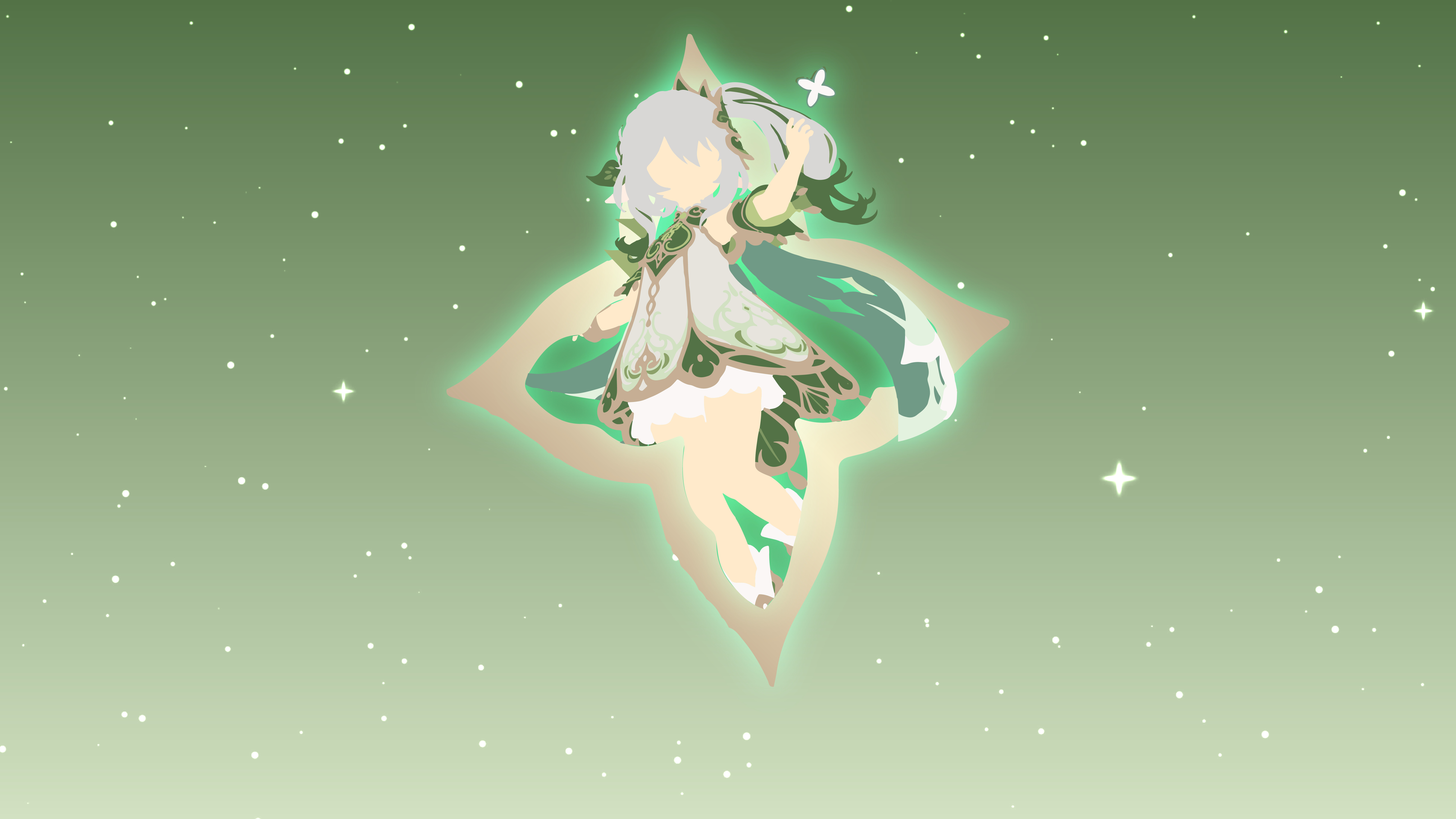 Потрясающий портрет Нахиды из Genshin Impact, на котором она изображена в своем фирменном наряде – сочетании зеленого и белого цветов, – и в окружении элементов стихии Дендро.