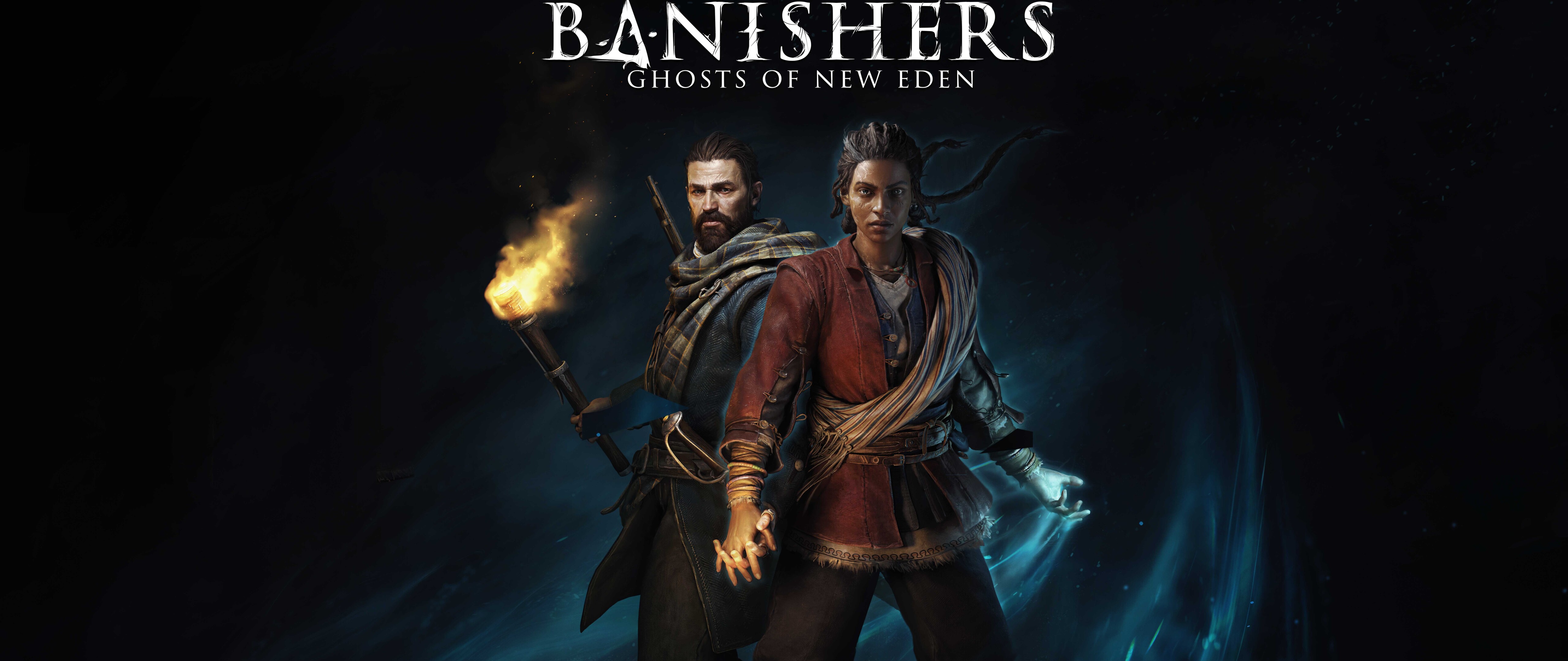 Персонажи Ред и Антея из игры Banishers: Ghosts of New Eden стоят в окутанной туманом, сверхъестественной обстановке.