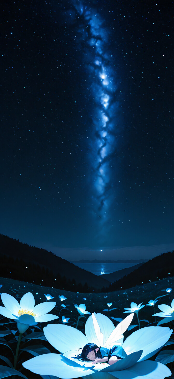 Маленькая девочка с темными волосами мирно спит в центре огромного, светящегося синим цветом, под ярким, усыпанным звездами ночным небом, над которым простирается полоса Млечного Пути, словно спускающаяся к ней.