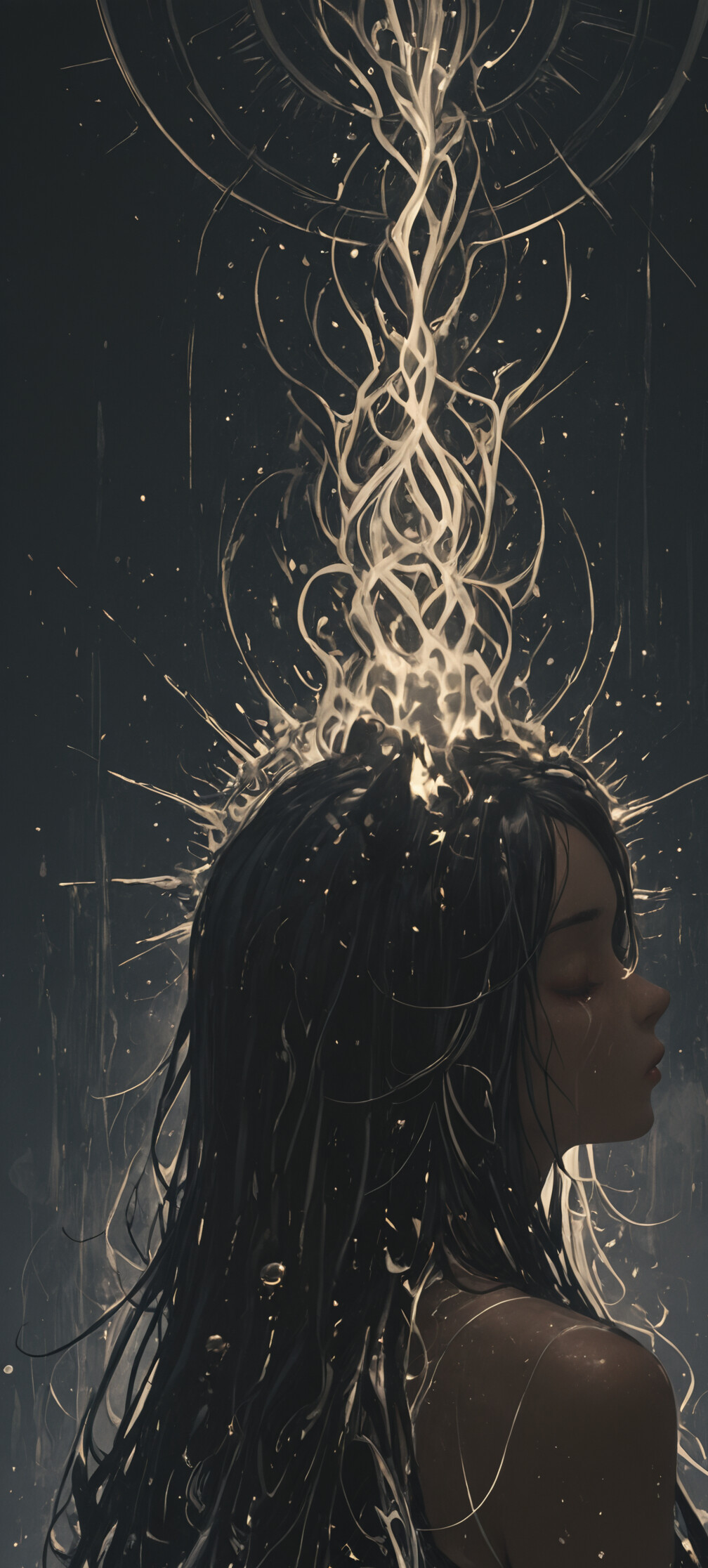 Цифровая картина, изображающая спокойную молодую женщину с длинными черными волосами и черными кошачьими ушками, показанную в профиль. Ее глаза закрыты, на фоне — темный, космический пейзаж, а позади нее — большой, светящийся золотистый небесный узор.