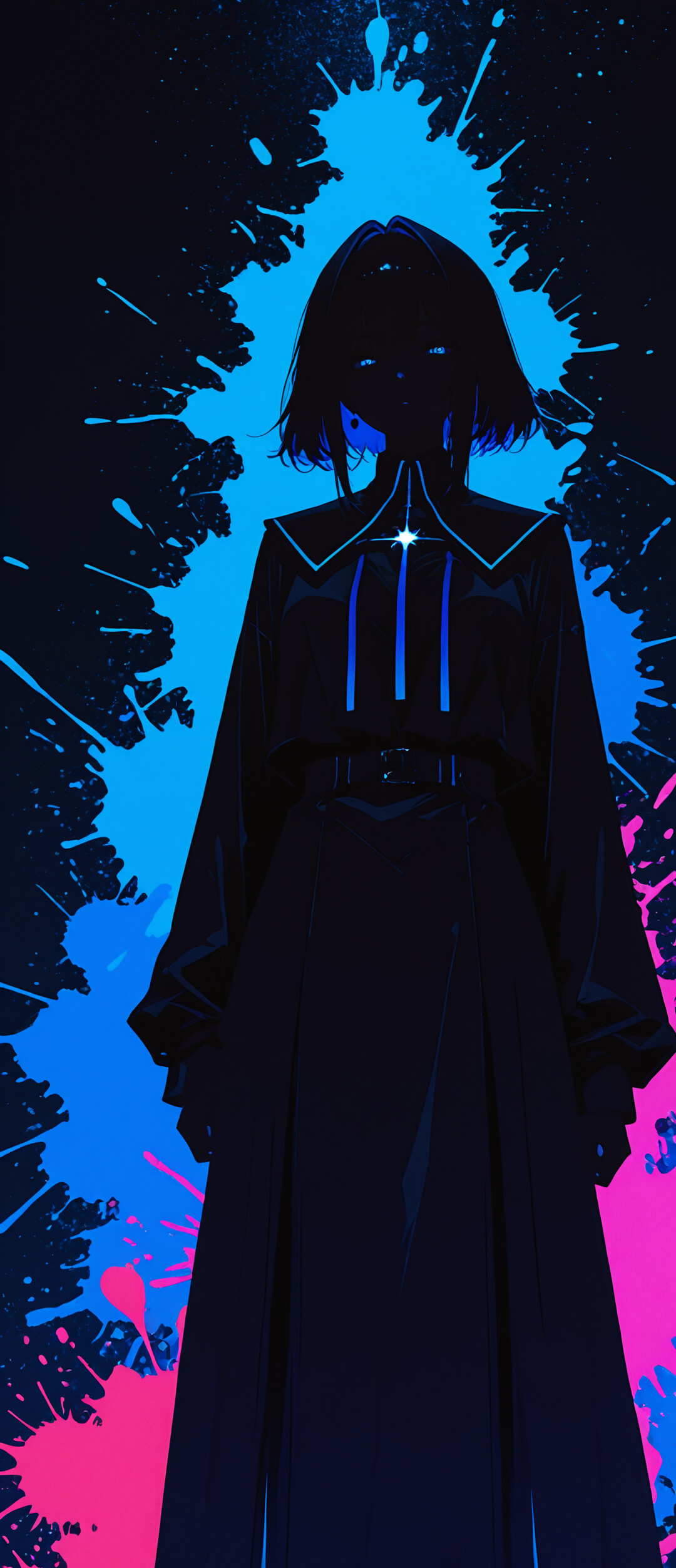 Цифровой портрет женщины с длинными черными волосами и светящимися красными глазами на фоне разбрызганной неоново-розовой и синей краски.