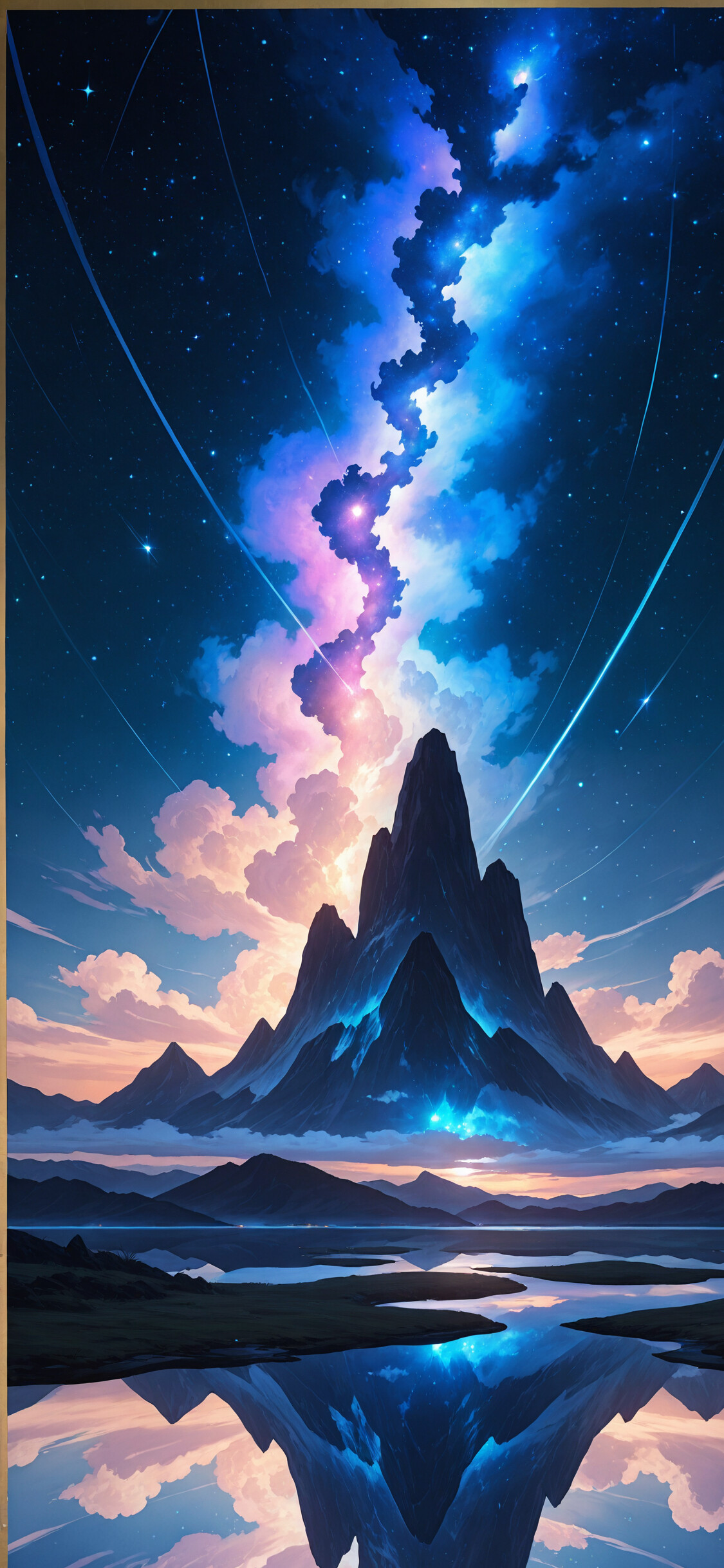 Одинокая фигура в плаще стоит перед огромной, изрезанной горой под красочным, усыпанным звёздами ночным небом, на котором виднеется туманность, и всё это отражается в спокойной воде внизу.