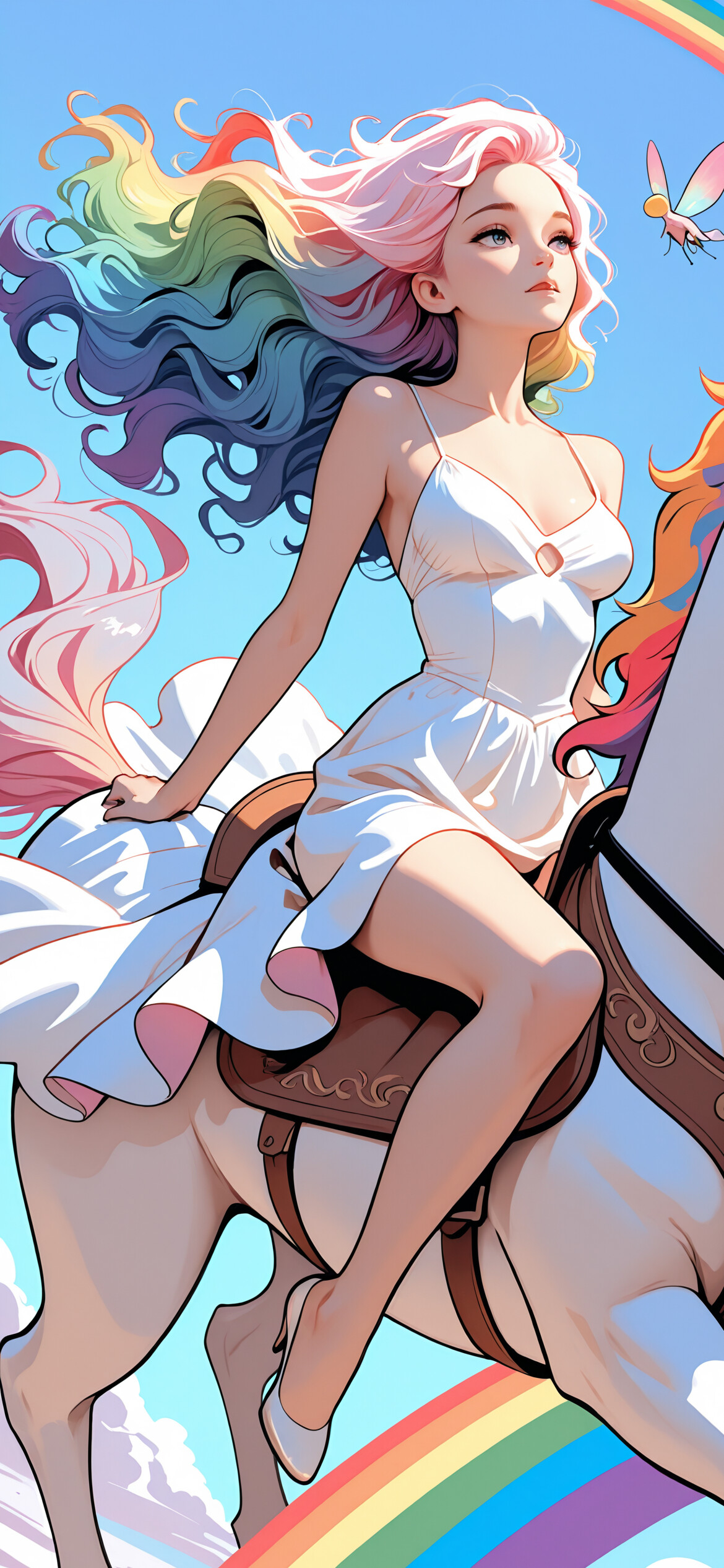 Молодая женщина с радужными волосами и большими, яркими крыльями летит на белом пегасе с радужной гривой по облачному голубому небу. Под ними видна радуга.