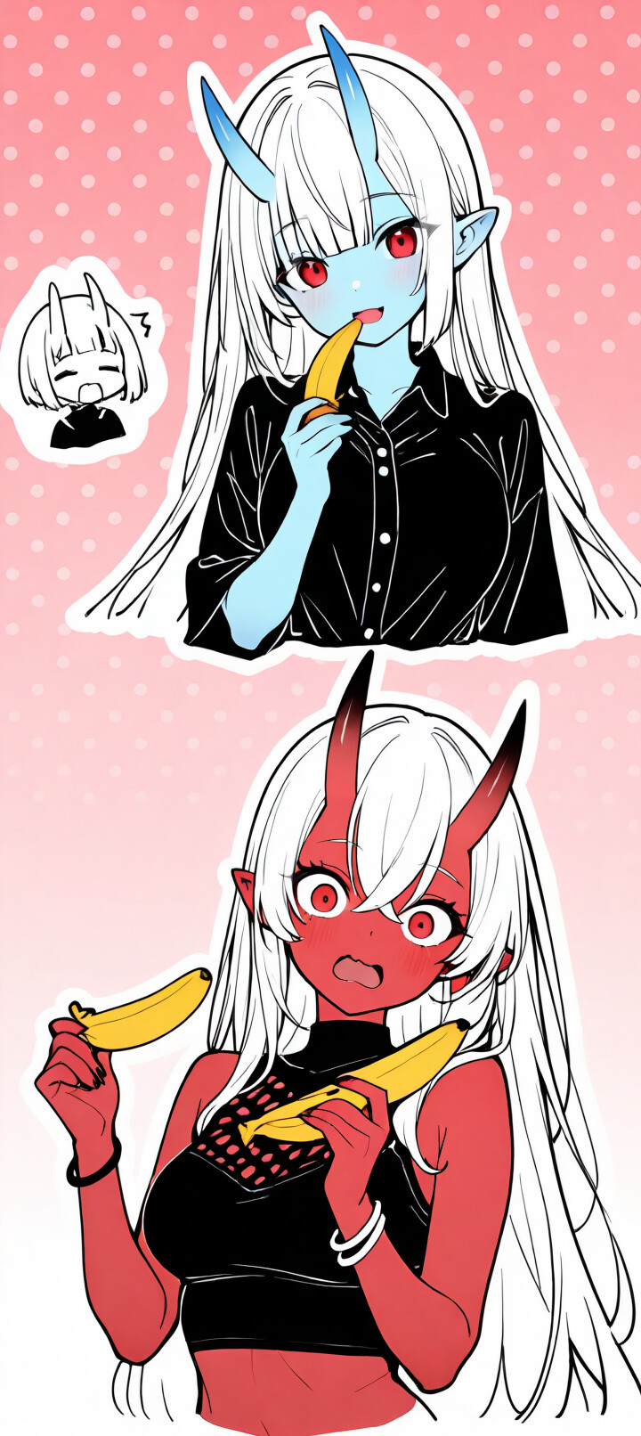 Аниме-девушка с синей кожей, длинными белыми волосами, красными глазами и рогами с красными кончиками, выглядит потрясённой и сильно смущается. На ней чёрный топ с высоким воротником и укороченным кроем, а на заднем плане — розовый фон в горошек.