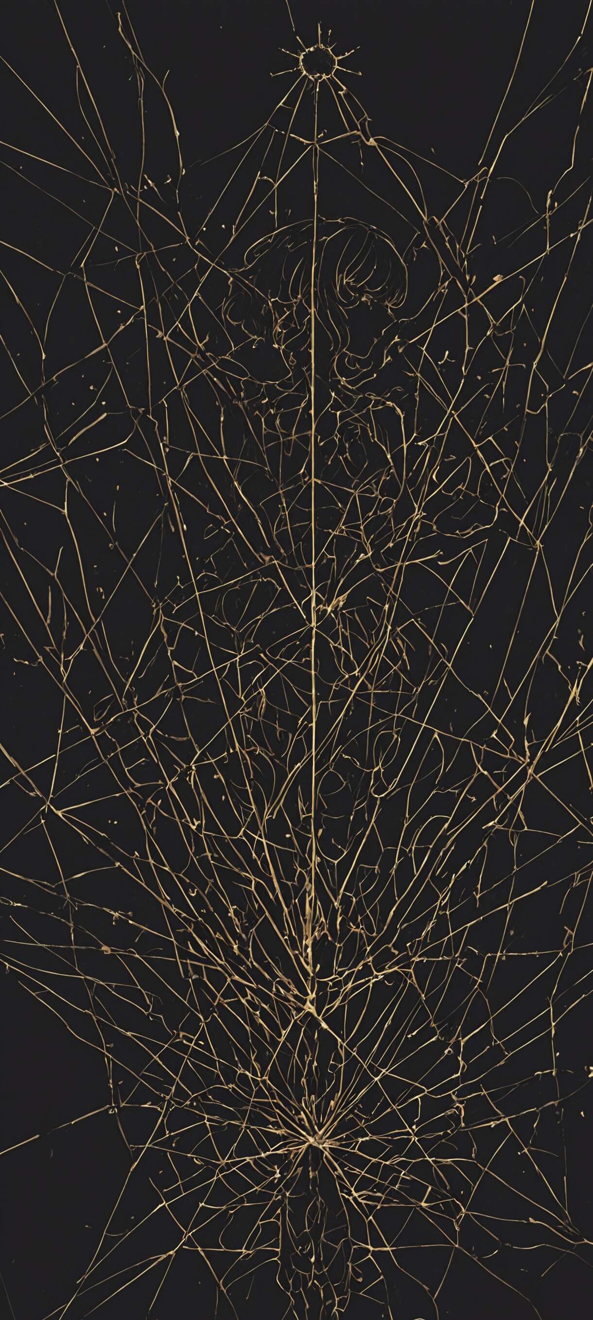 Современная абстрактная картина, изображающая Рей Аянами из аниме «Евангелион» в профиль. Изображение выполнено в виде контурного рисунка светящейся медью на тёмном фоне в виде сетки, при этом часть её головы переходит в хаотичную, но прекрасную спираль.