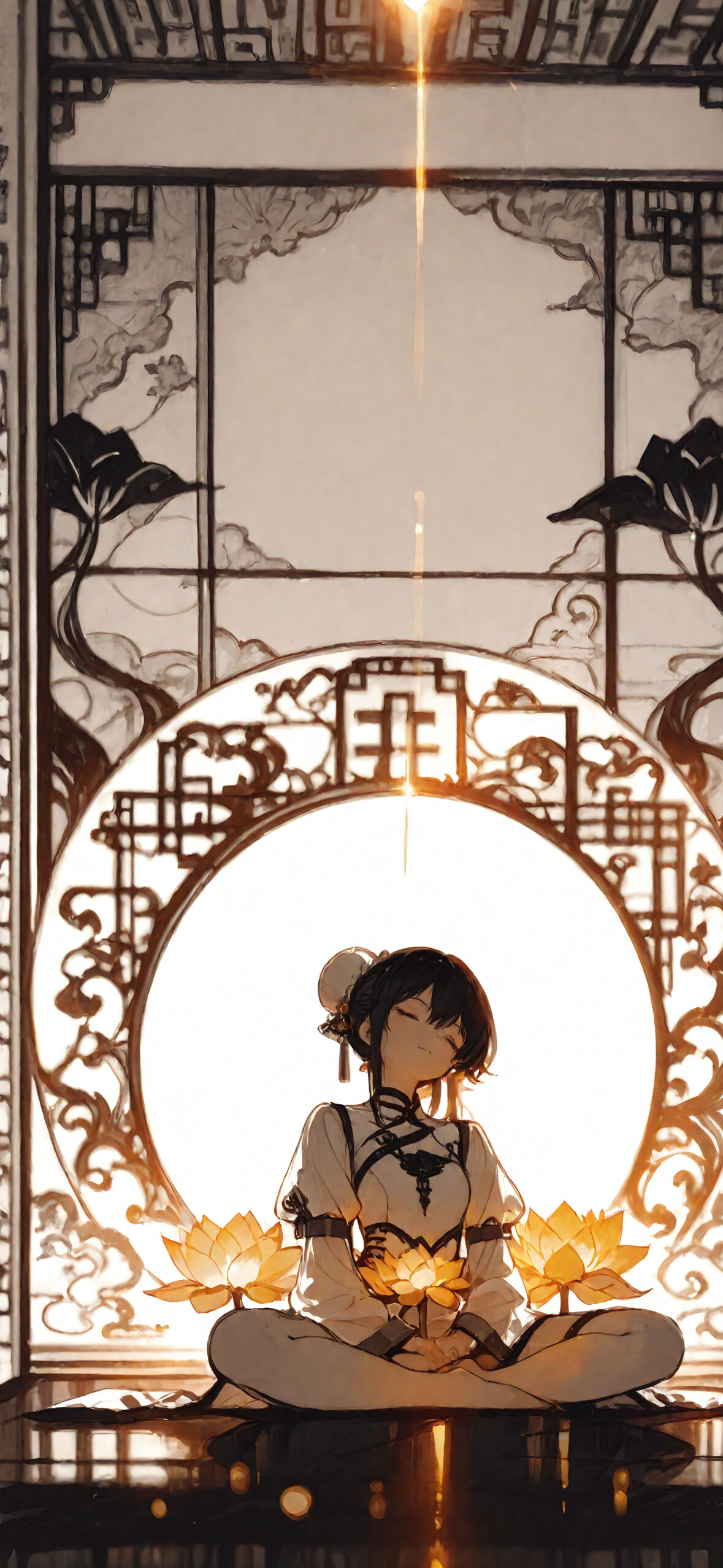 Аниме-девочка с белыми волосами, собранными в два пучка, сидит в позе лотоса в медитации. На ней надето белое платье ципао, вокруг неё – золотые цветки лотоса, а над головой – светящийся нимб. На заднем плане видны китайские ширмы.