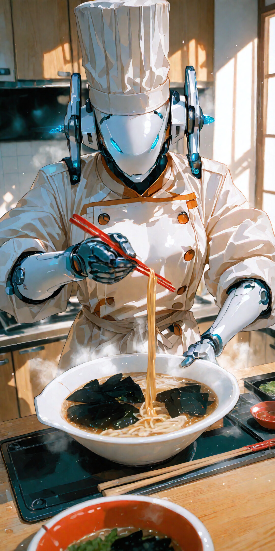 Белый, футуристический робот, одетый в полный комплект поварской униформы, включая высокий колпак, с помощью красных палочек для еды достаёт лапшу из дымящейся тарелки японской рамэн на кухне.