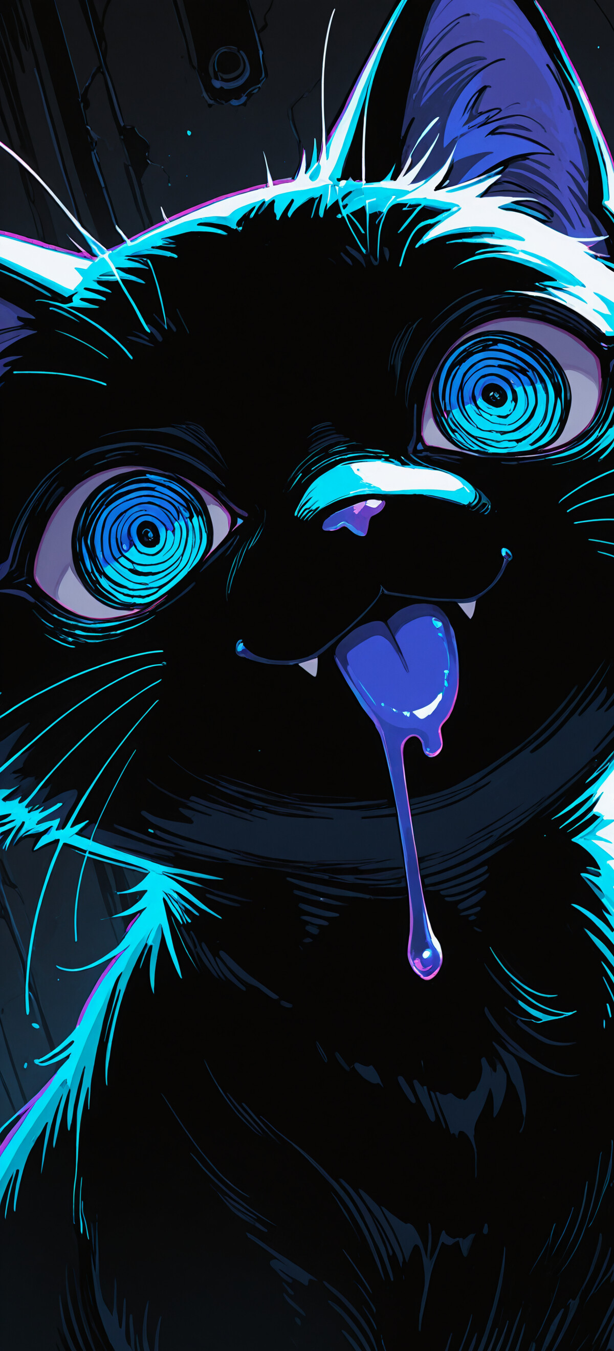 Стилизованная, крупным планом выполненная иллюстрация мордочки белого кота. У кота огромные, тёмные глаза с фиолетовыми отблесками, на голове торчат чёрные иголки, а изо рта, широко раскрытого, высовывается язык, и из него стекает слюна. На шее у кота чёрный ошейник с шипами и золотым колокольчиком.