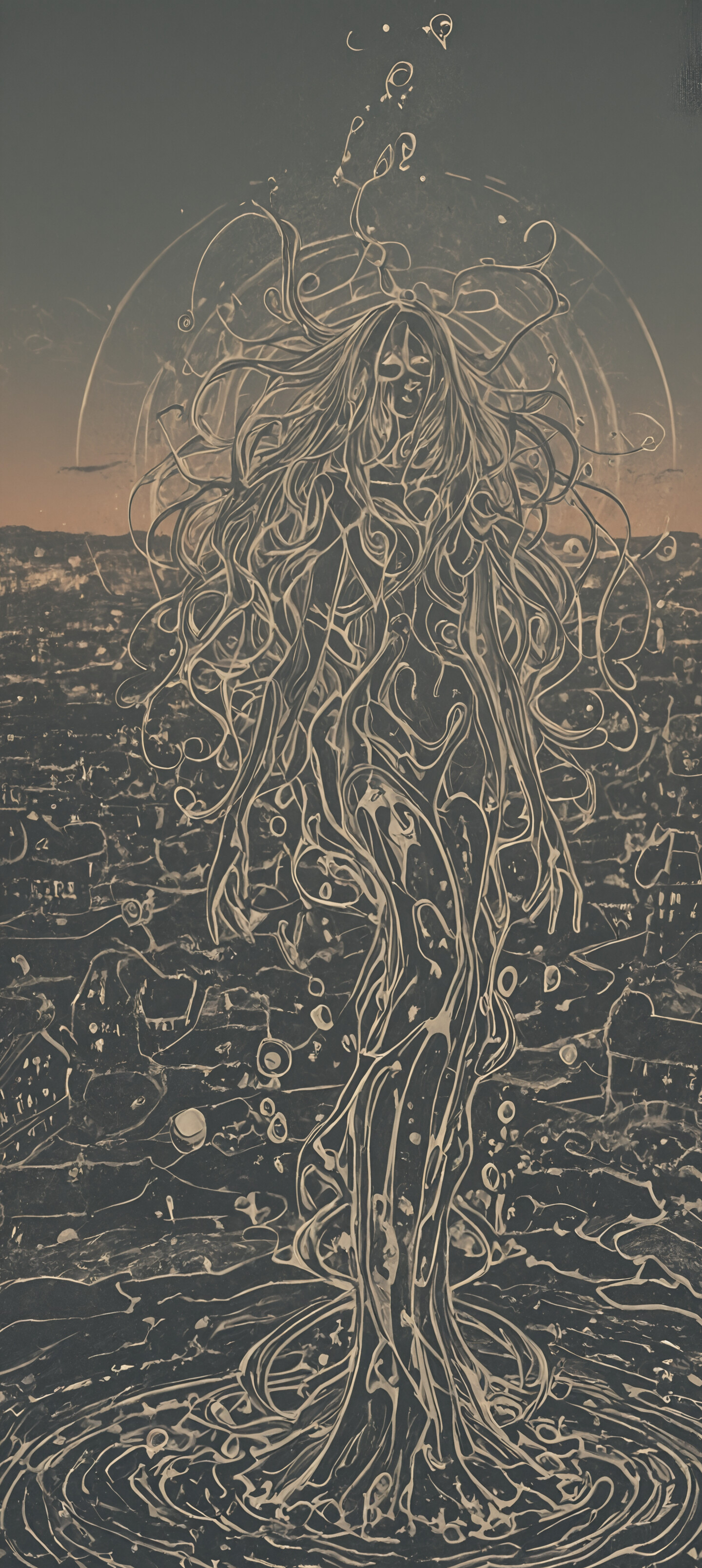 Абстрактная картина с темным фоном, на котором изображена густая, сложная сеть из завихряющихся золотых линий и точек. В верхней части картины, в центре, находится одиночный, яркий, светящийся шар, который служит центральным элементом композиции.