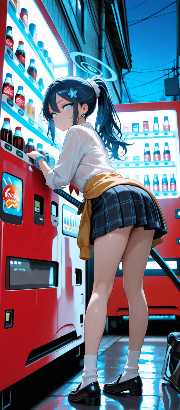 Аниме-девочка со светло-голубыми волосами, нимбом и светящимися голубыми глазами, которую опознали как Арону из Blue Archive, стоит в тёмном городском переулке, держа в руке светящийся голубой меч-катану рядом с красным торговым автоматом.