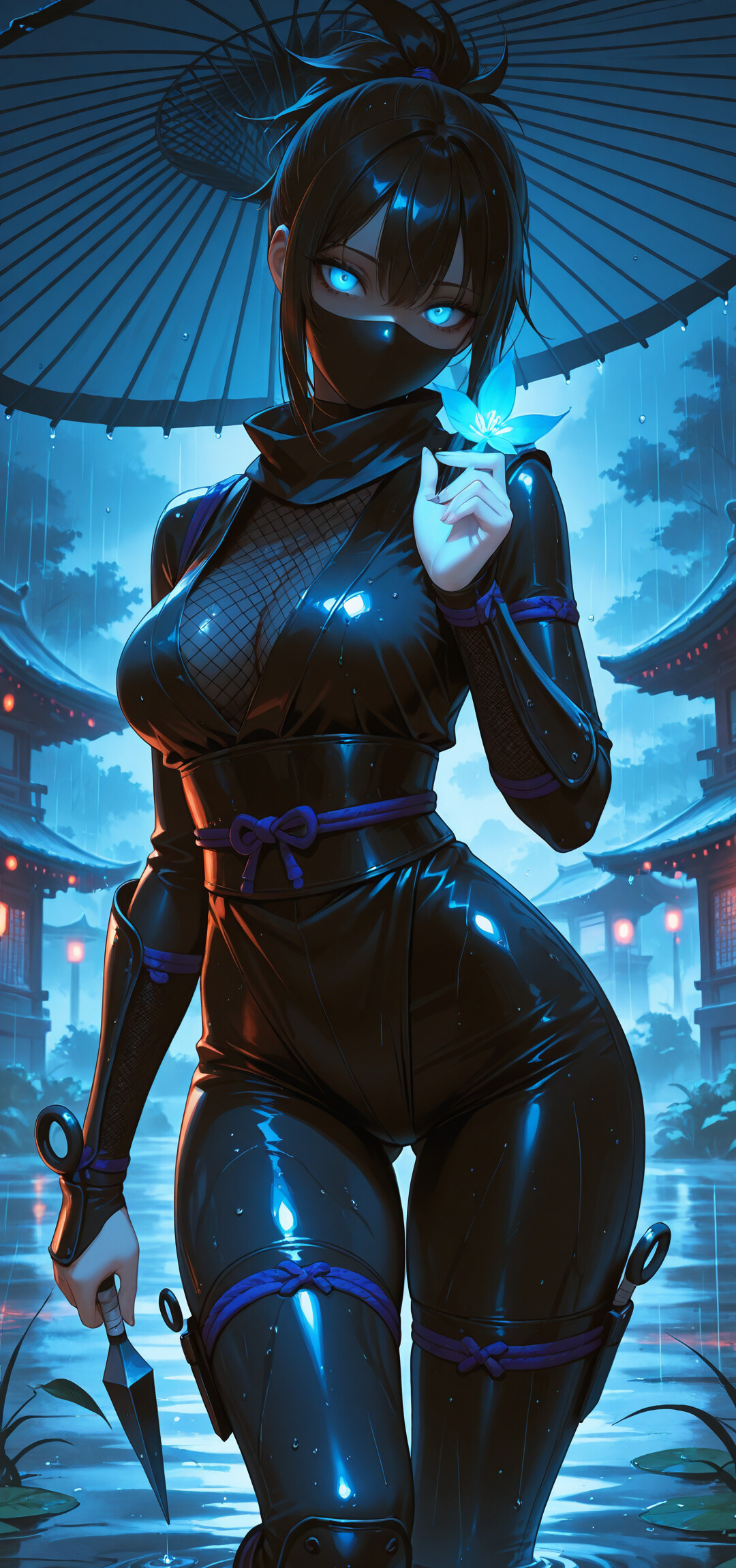 Ночью, под дождём, стоит женщина-ниндзя из аниме: у неё светящиеся красные глаза и чёрный плащ с капюшоном. В одной руке она держит красный зонтик, в другой — кунаи. На заднем плане видны японские здания, освещённые фонарями.