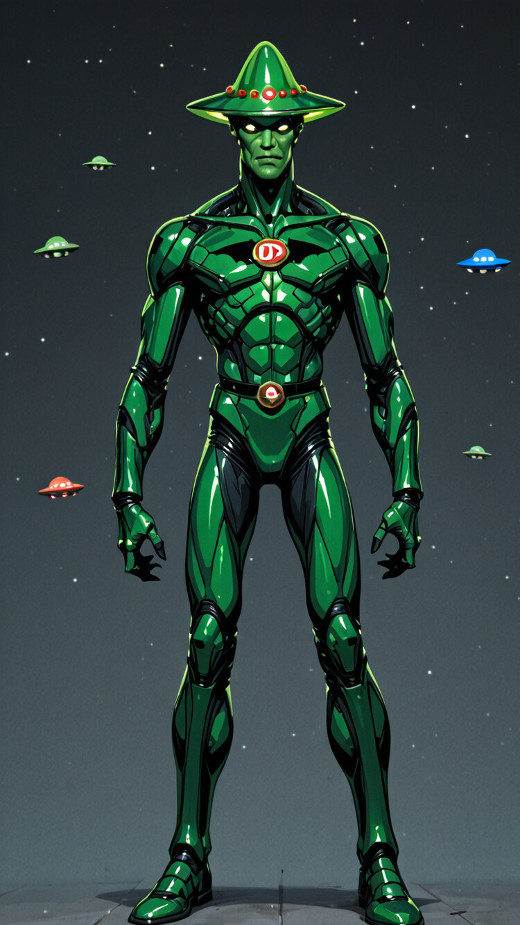 Большая, зеленая мультяшная летающая тарелка с светящимися желтыми огнями и антенной, изображена на фоне темно-синего неба, усыпанного белыми звездами.