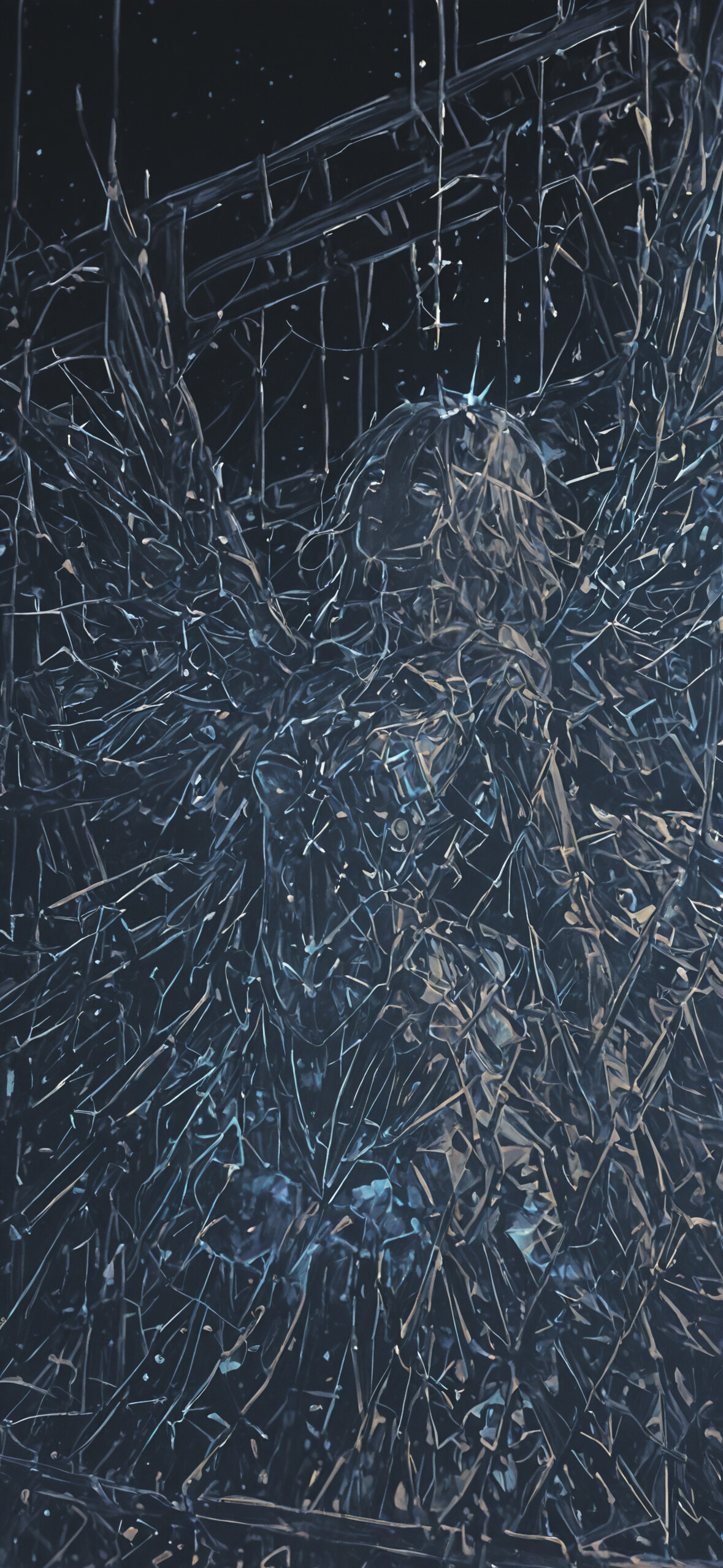 На фоне тёмного, усыпанного звёздами неба возвышается небесная, ангельская фигура с большими крыльями. Фигура и её крылья состоят из бесчисленного множества светящихся синих и золотых фрагментов, напоминающих разбитые звёзды или космическое стекло.