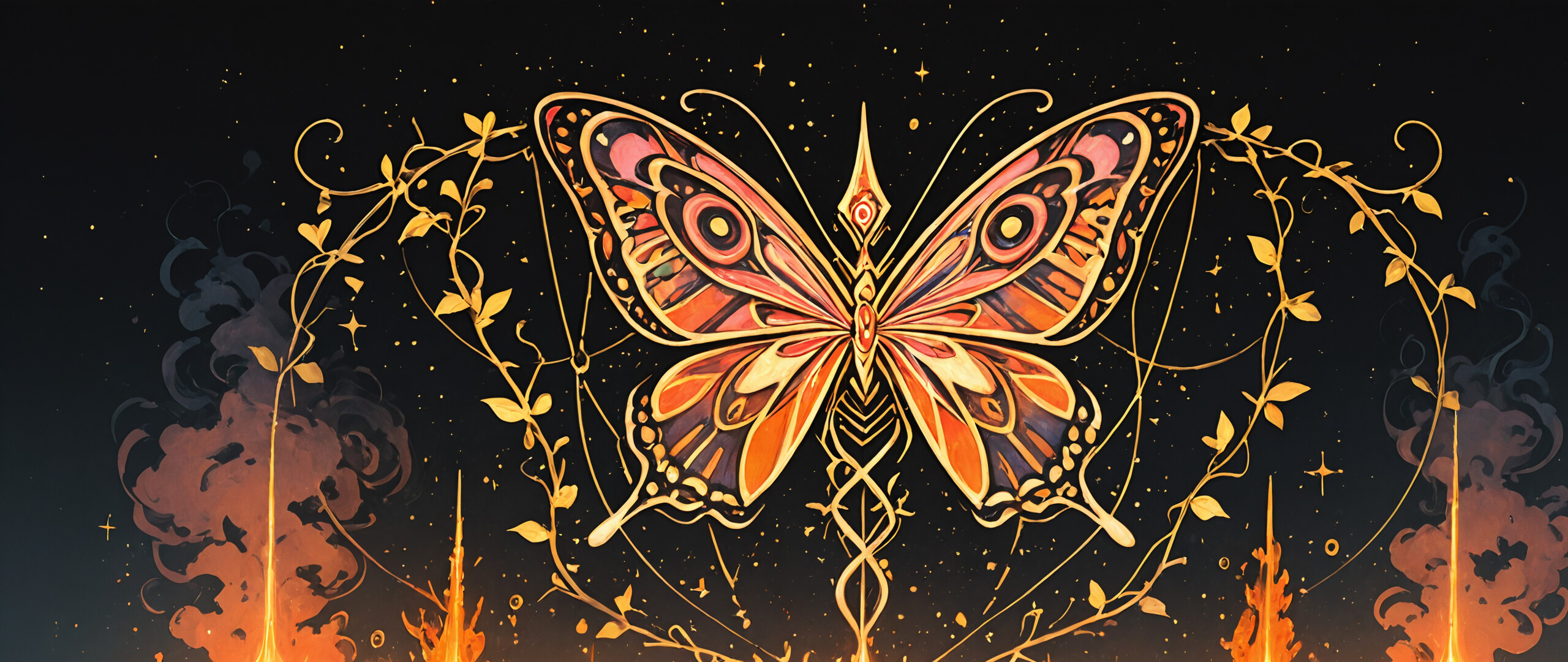 Изысканный золотой круглый артефакт, украшенный узорами, напоминающими электрические схемы, и бирюзовыми драгоценными камнями, на фоне тёмного звёздного неба. В центре артефакта – ярко светящийся, похожий на звезду, взрыв оранжевого и белого света, напоминающий искусственный восход солнца.