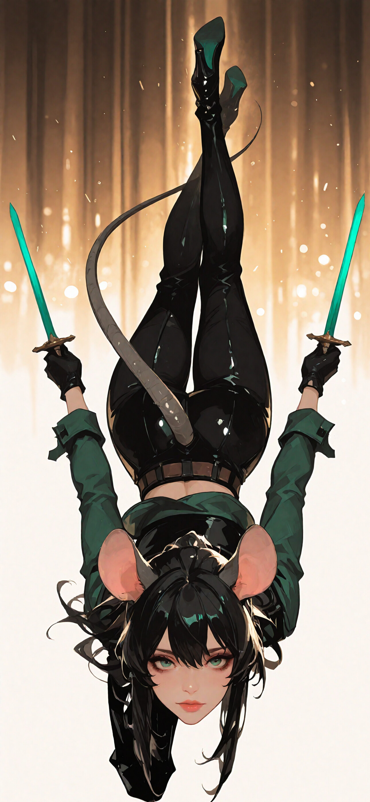 Анимационная героиня с черными волосами, зелеными глазами, большими ушами и длинным хвостом, похожими на мышиные, одетая как разбойница в зеленую рубашку и черные брюки, лежит на белом кафельном полу и смотрит прямо в камеру.