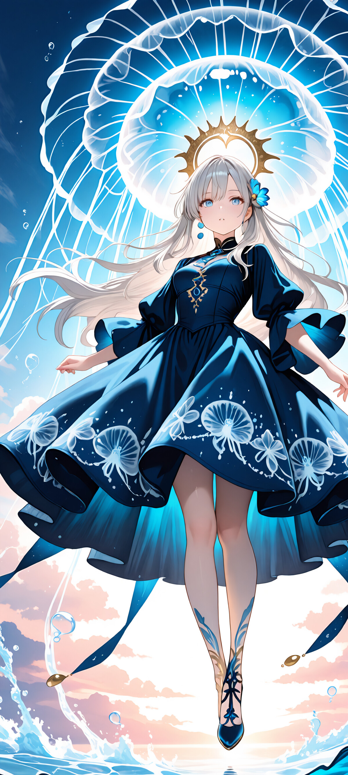 Аниме-девочка с длинными серебристыми волосами и тёмно-синим платьем стоит на поверхности воды, а на её голове, словно шляпа, покоится большая, светящаяся синяя медуза, на фоне небесно-голубого неба.