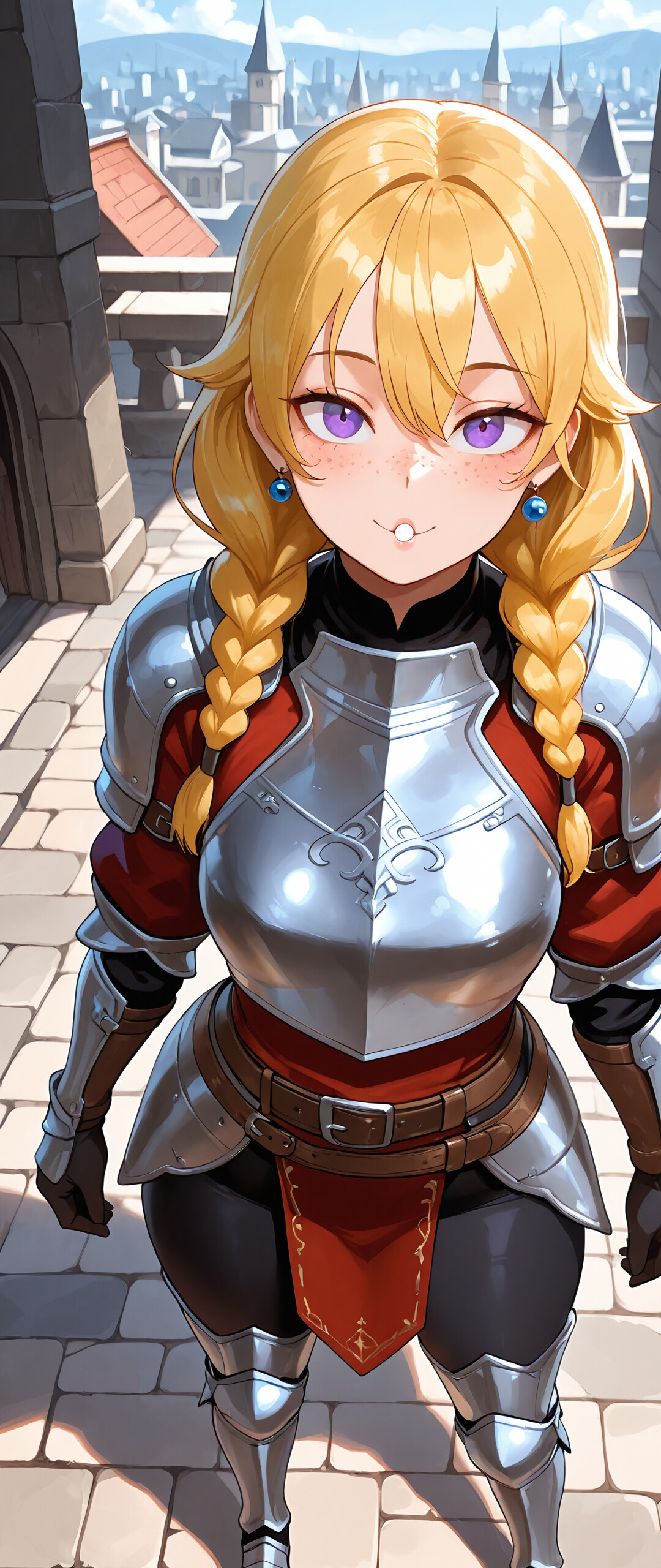 Молодая женщина-рыцарь с заплетёнными в косы светлыми волосами и фиолетовыми глазами, одетая в серебряные доспехи поверх фиолетовой туники, стоит на каменном мосту в средневековом городе и смотрит на зрителя с улыбкой.