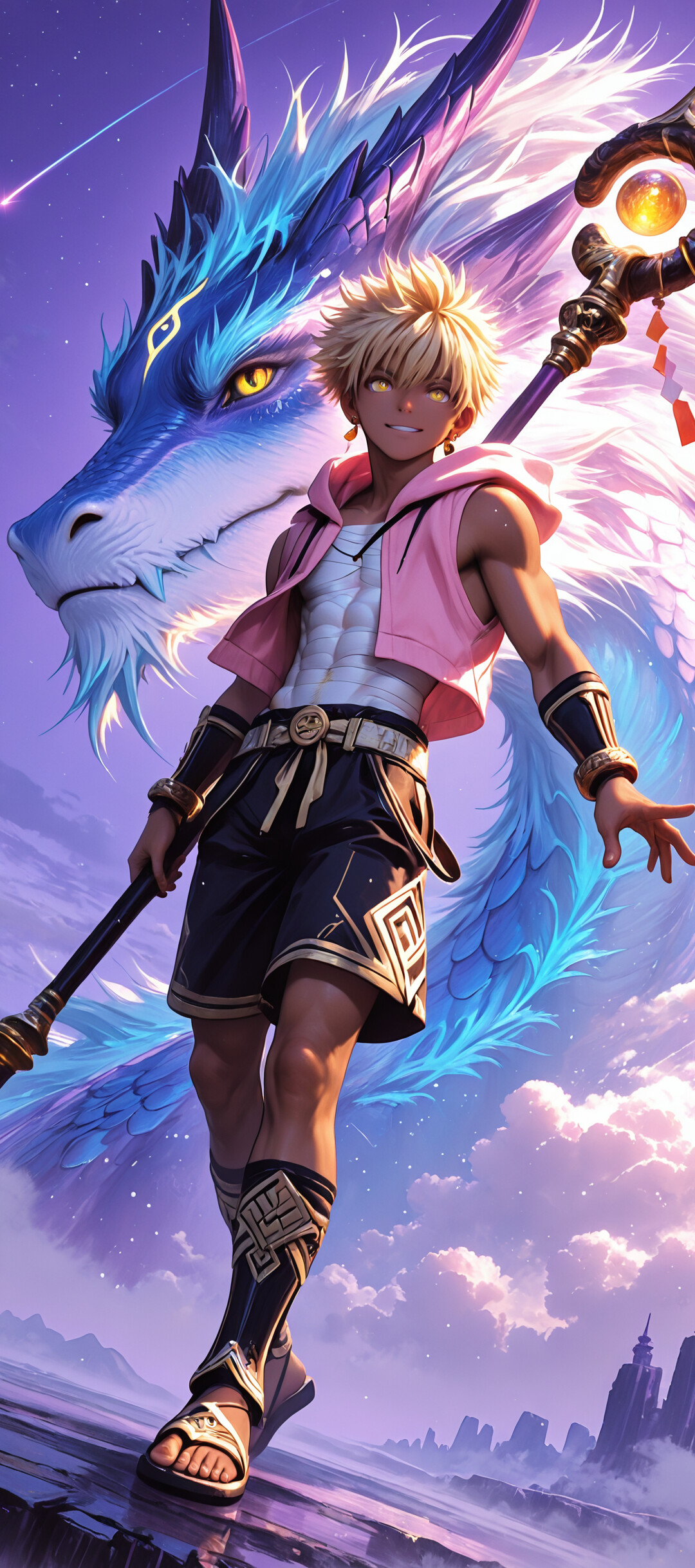 Молодой человек со светлыми волосами и в розовой толстовке держит в руках волшебный посох, стоя перед огромным сине-фиолетовым драконом на фоне усыпанного звёздами фиолетового неба.