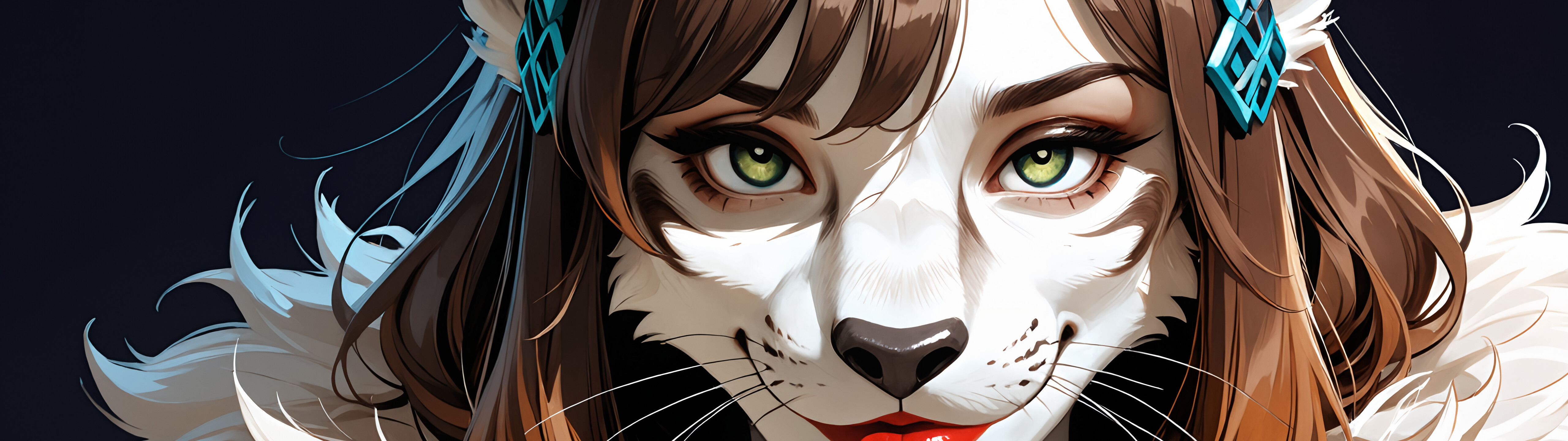 Подробный портрет антропоморфной самки леопарда по имени Зинкс: у неё длинные каштановые волосы, яркие зелёные глаза, красные губы и чёрная перчатка на одной из лап. Она мягко улыбается, глядя на зрителя.