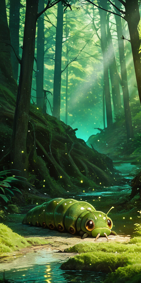 Девушка в стиле аниме с каштановыми волосами, одетая в большой зелёный костюм гусеницы, лежит на покрытой мхом земле в волшебном лесу и с удовольствием грызёт листок, укрывшись от непогоды за спиной этого существа.