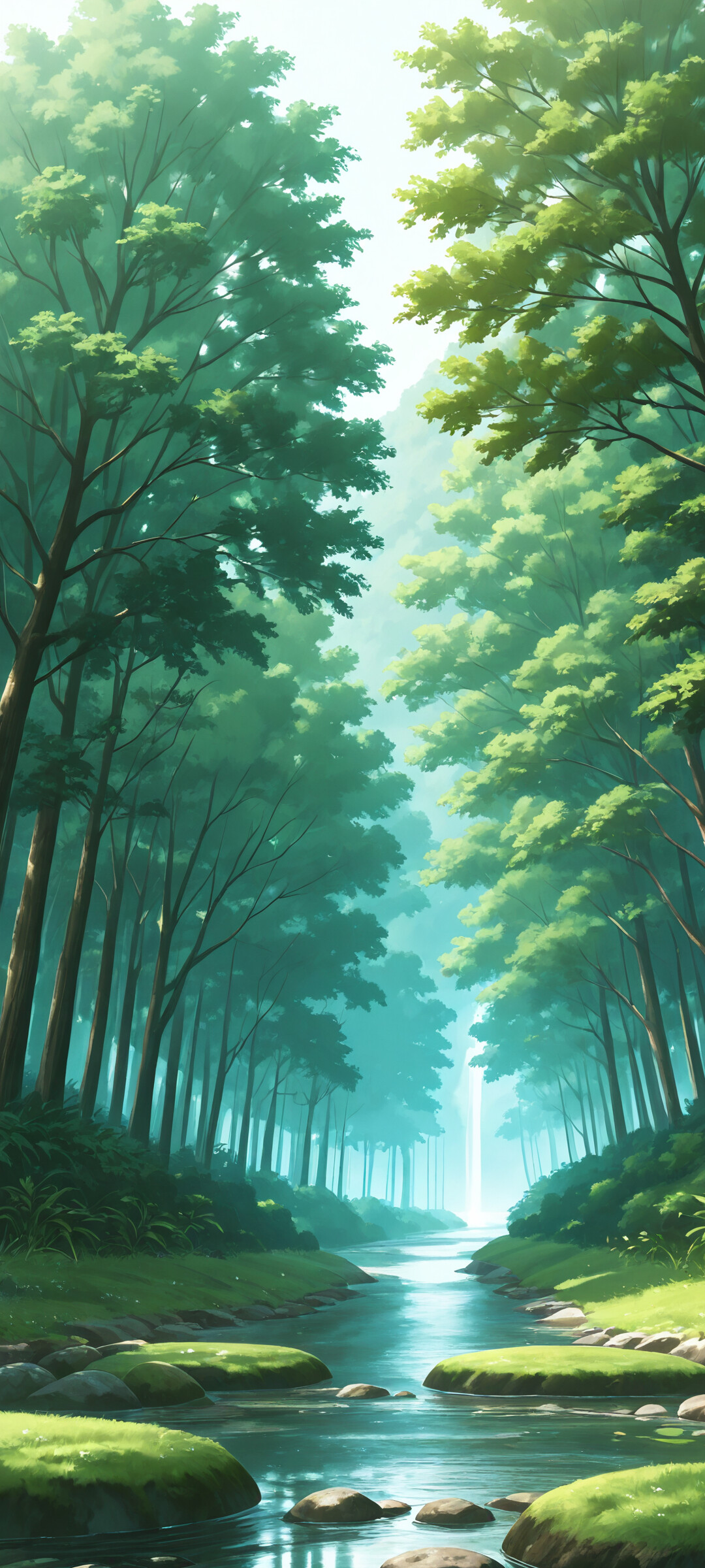 Пейзаж в стиле аниме: чистая, спокойная река, протекающая через зеленую долину с пышной травой, соснами и пологими горами под голубым небом.
