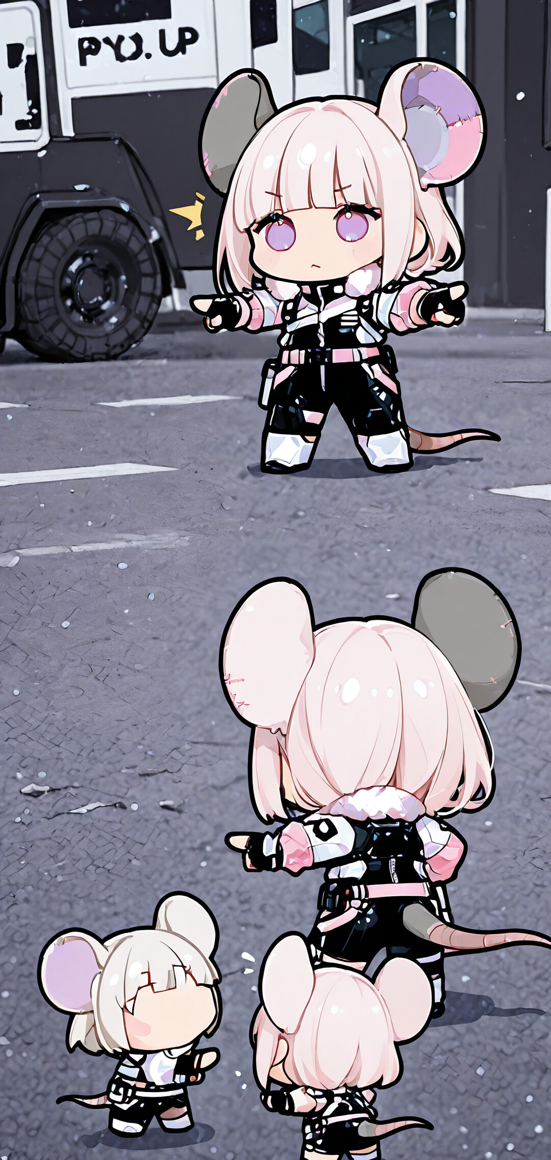 Три одинаковые девочки в стиле «чиби» из аниме с белыми волосами и большими ушами, похожими на мышиные, одеты в чёрно-розовые футуристические наряды. Они стоят в кругу на заснеженной улице и удивлённо указывают друг на друга, отсылая к популярному интернет-мему про Человека-паука.