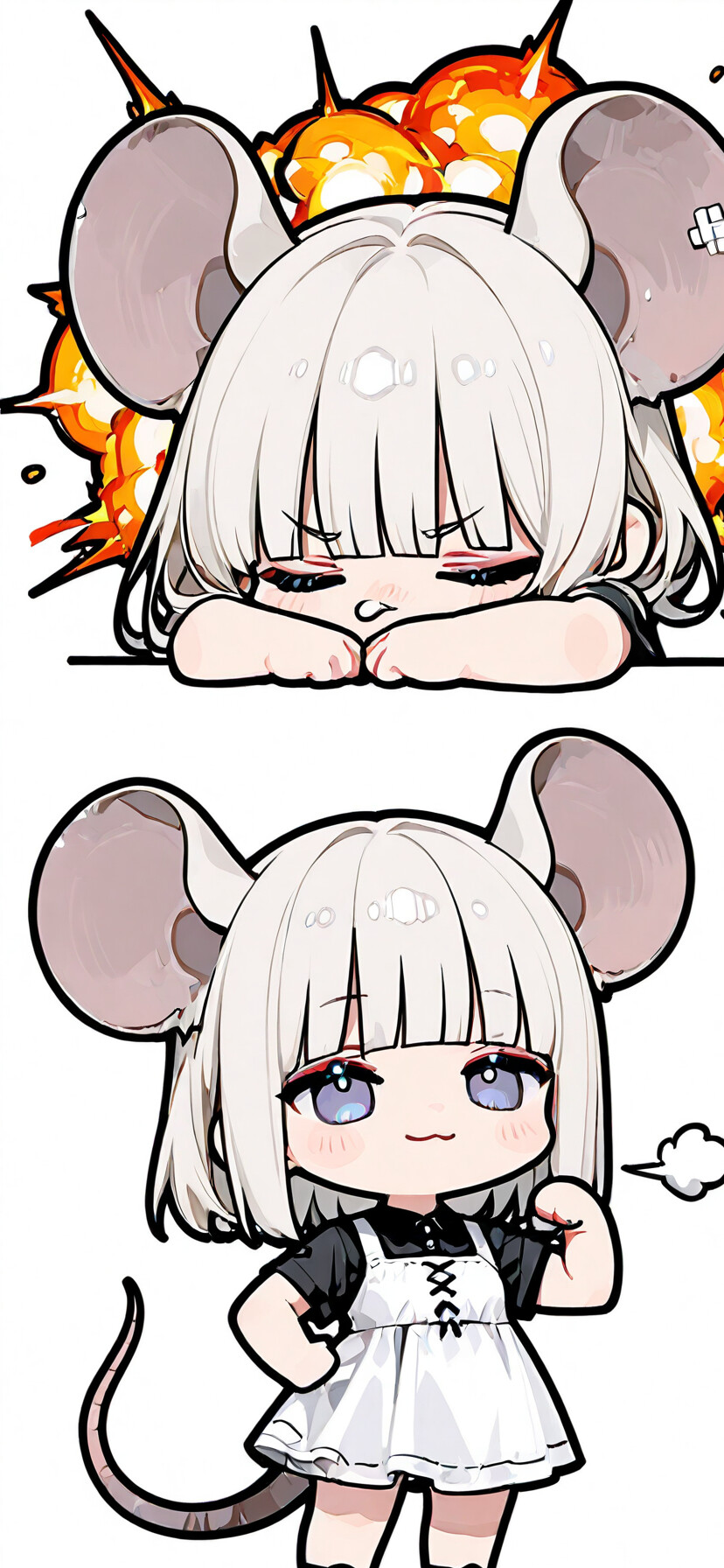 Девочка в стиле «чиби» из аниме с большими ушами, похожими на мышиные, и серебристыми волосами, изображена как Назрин из вселенной «Touhou Project». На ней чёрное платье, и она уверенно позирует на фоне бушующего пламени.