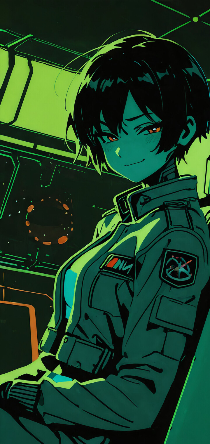 Иллюстрация в стиле аниме, изображающая женщину-киборга с короткой тёмной стрижкой, самодовольно улыбающуюся в тёмной футуристической комнате, освещённой зелёным светом. На ней надета лётная куртка с светящимся нашивкой «02» на рукаве.