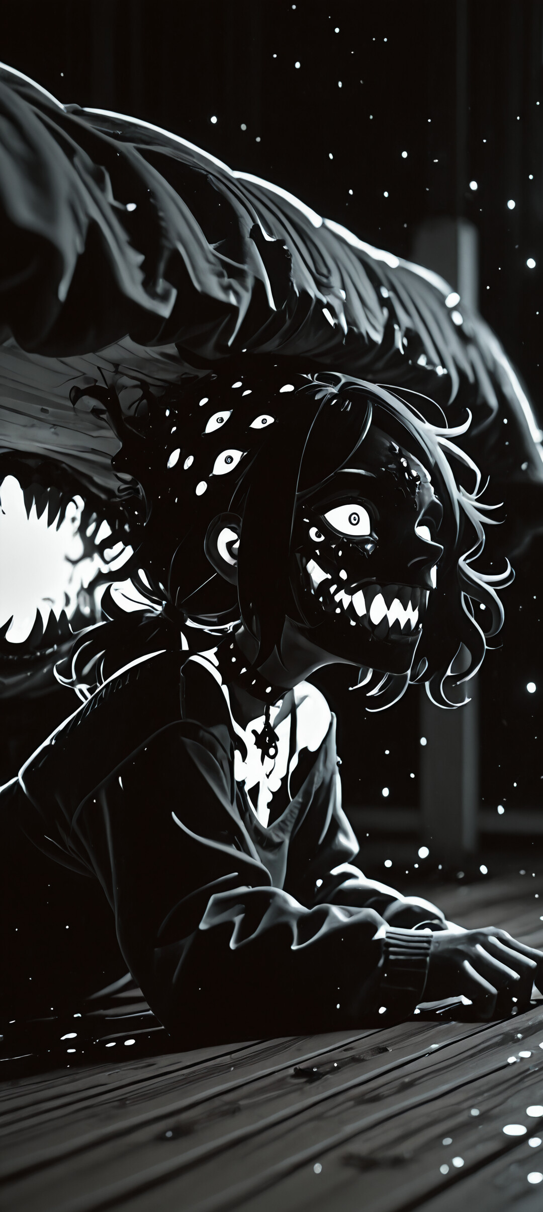 Мрачная и жуткая иллюстрация Эшли Грейвз из книги «Гроб Энди и Лейли», изображающая её в виде монстра. Она лежит на деревянном полу под кроватью, у неё много светящихся красных глаз и острая, хищная ухмылка.