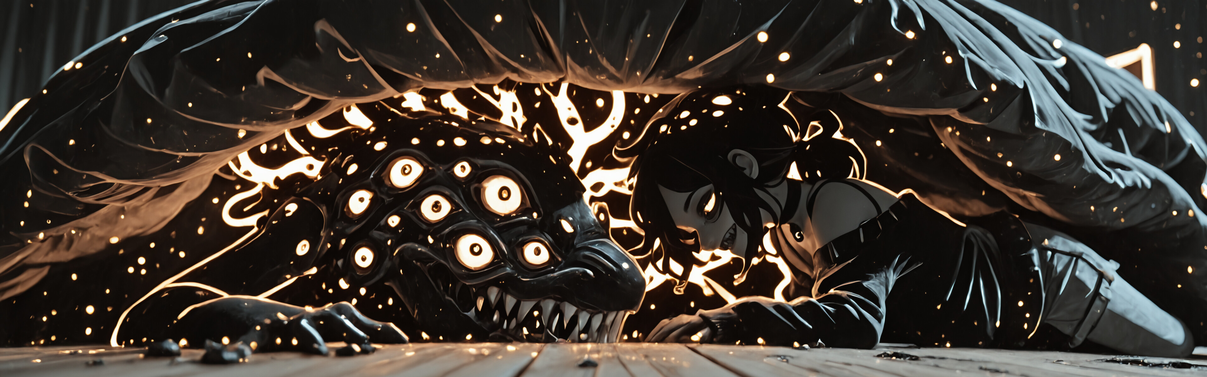 Мрачная и жуткая иллюстрация Эшли Грейвз из книги «Гроб Энди и Лейли», изображающая её в виде монстра. Она лежит на деревянном полу под кроватью, у неё много светящихся красных глаз и острая, хищная ухмылка.