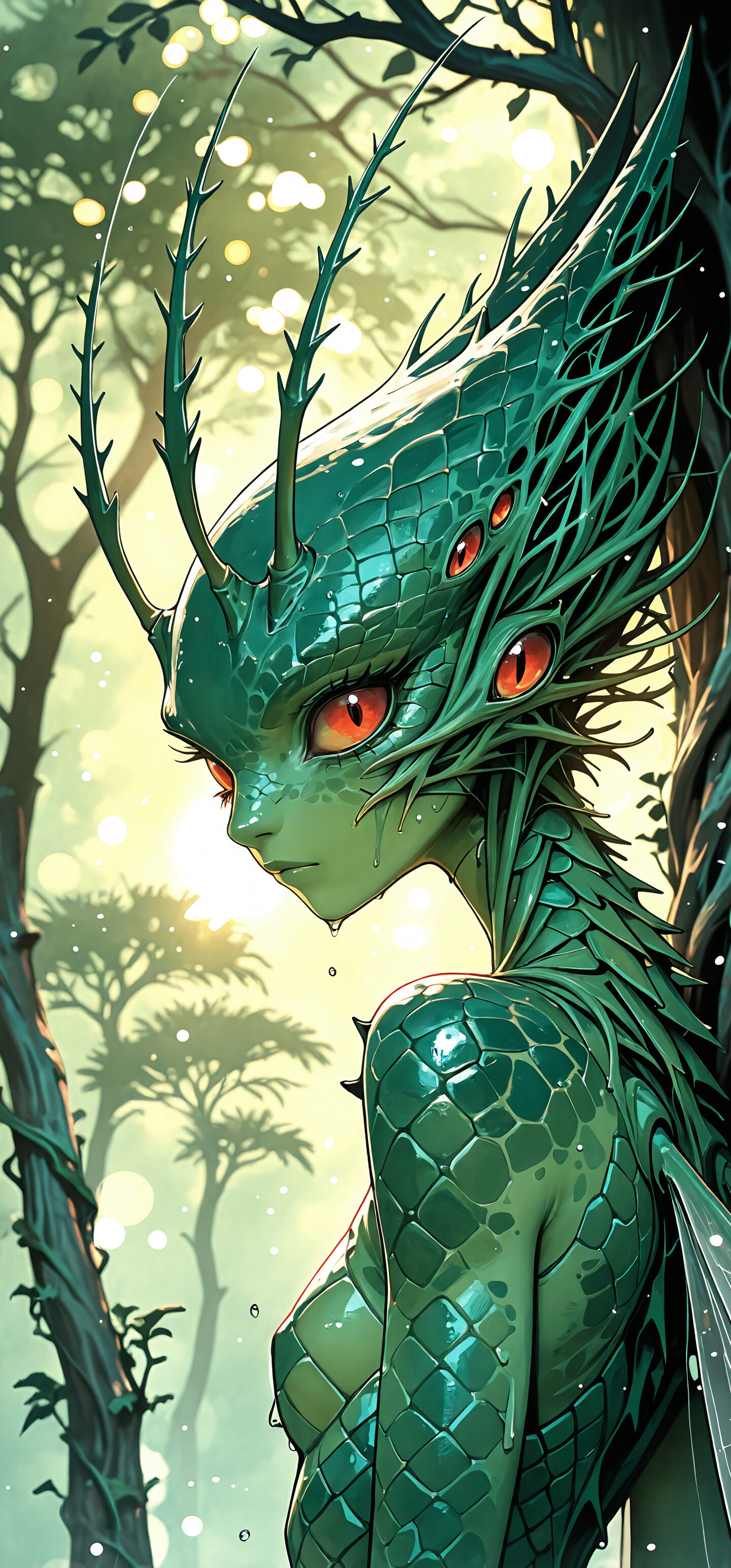 Иллюстрация в стиле аниме, изображающая фантастическое существо женского пола в туманном лесу. У неё светло-зелёная кожа, большие красные глаза и гребень из тёмно-зелёных чешуек. От её лба отходят заострённые усики, и на её лице застыло задумчивое выражение.