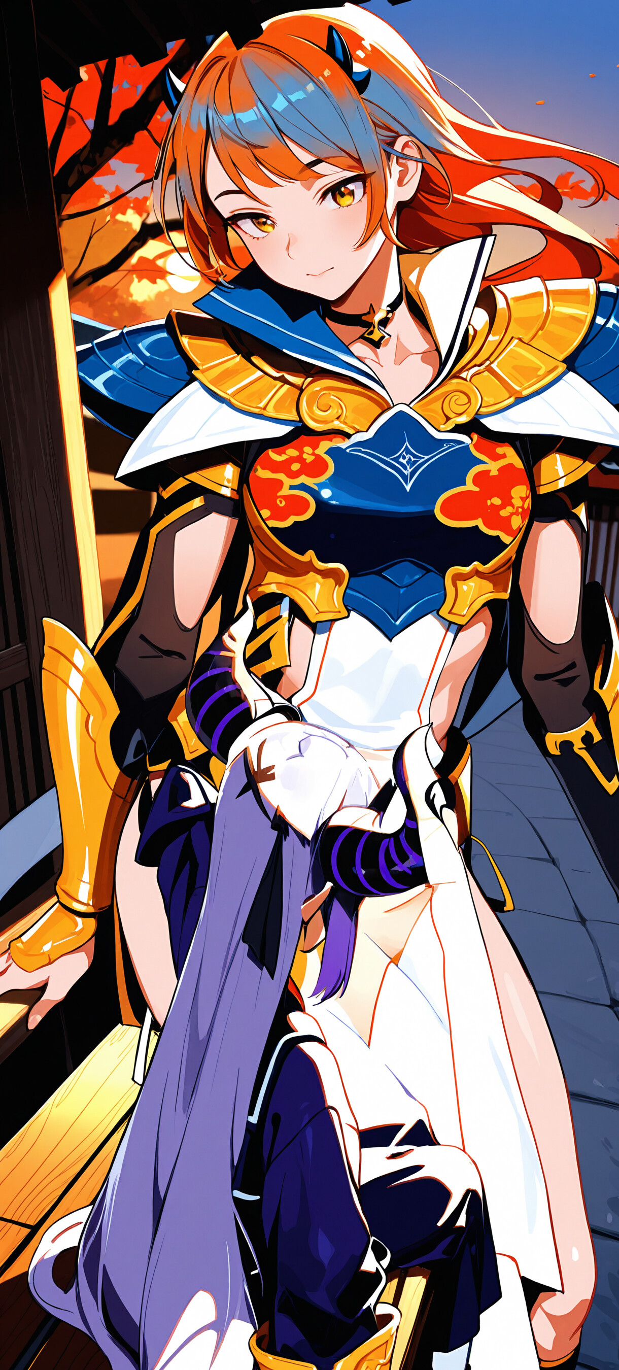 Иллюстрация в стиле аниме, изображающая Ла+ Даркнесс из Hololive: девушка с фиолетовыми волосами и большими рогами сидит на деревянной веранде в традиционном японском интерьере на фоне заката, держа в руке палочку данго.