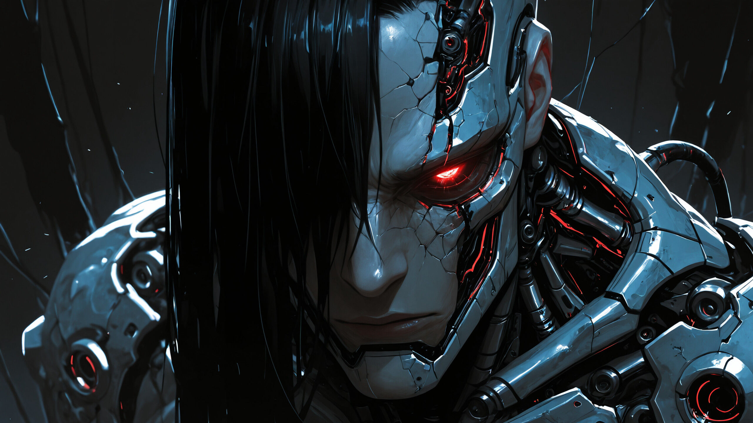 Фотография робота-скелета белого цвета, снятая спереди, с светящимися красными глазами и поврежденным черепом, сквозь который видны черные внутренние механизмы, на темном фоне.