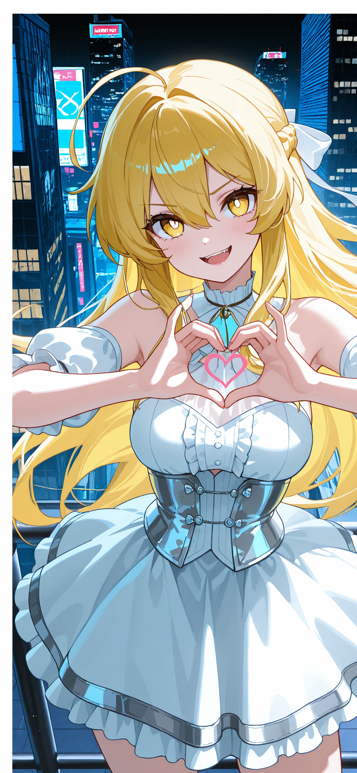 Аниме-персонаж, Шокухо Мисаки, с длинными светлыми волосами и в белом платье, улыбается и складывает руки в форме сердца на фоне городского пейзажа.