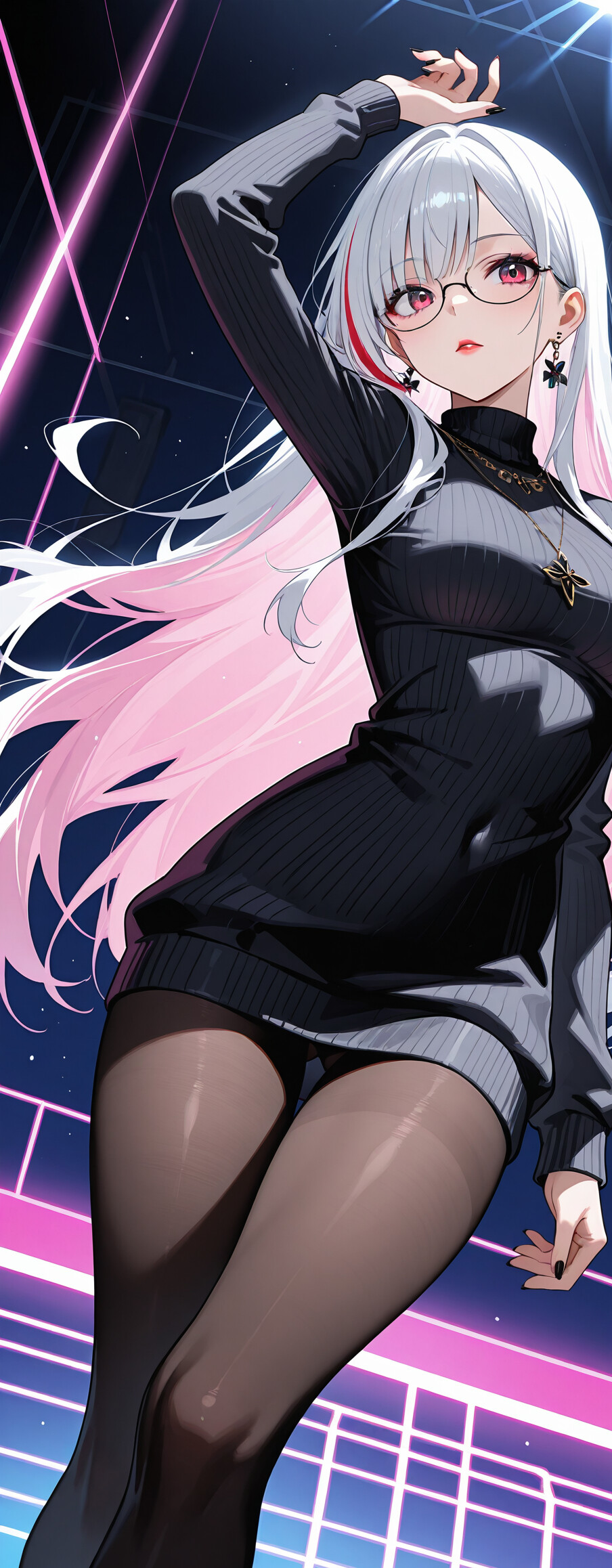 Аниме-девочка с длинными волосами, переходящими от белого к синему и фиолетовому, с фиолетовыми глазами и в очках, одетая в расстегнутый черный кардиган, с чокером на шее и в колготках, на фоне светящихся фиолетовых линий.