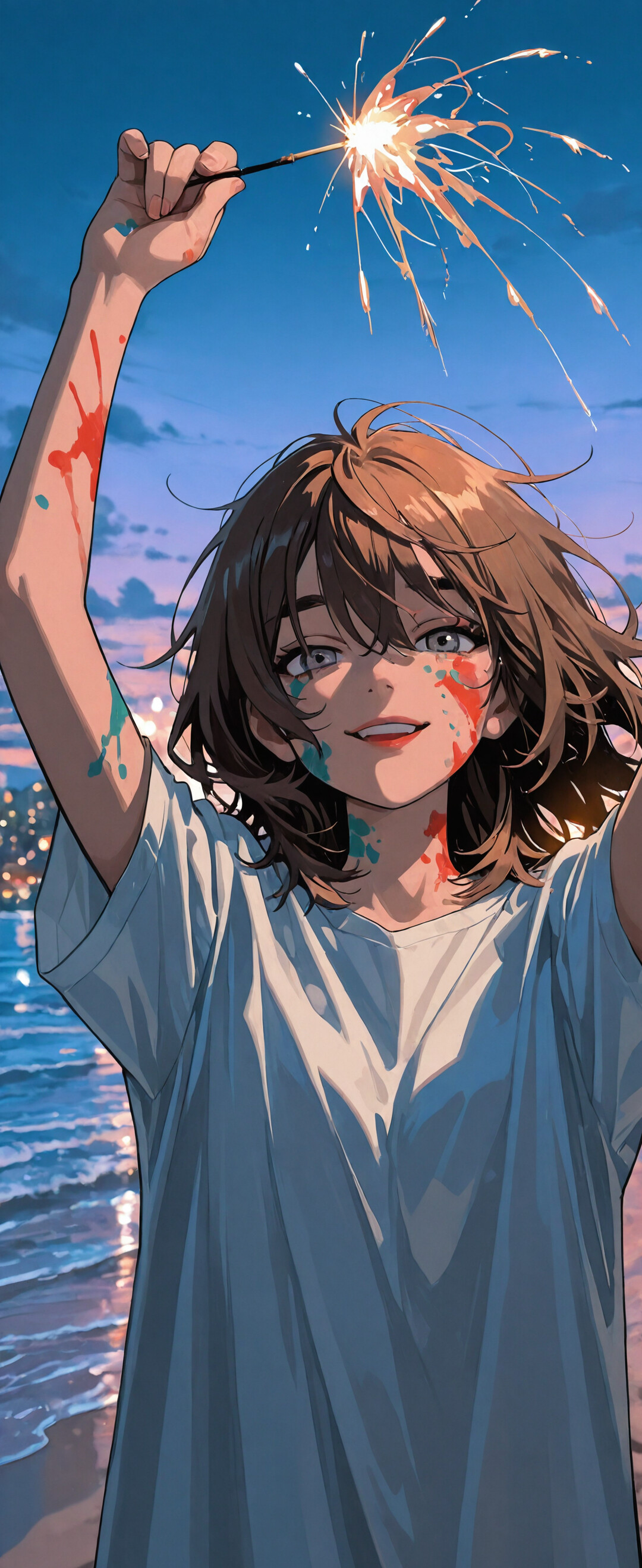 Молодая женщина с каштановыми волосами и ярким макияжем на лице держит над головой зажжённую бенгальскую свечу на пляже в сумерках, на заднем плане видны море и панорама города.