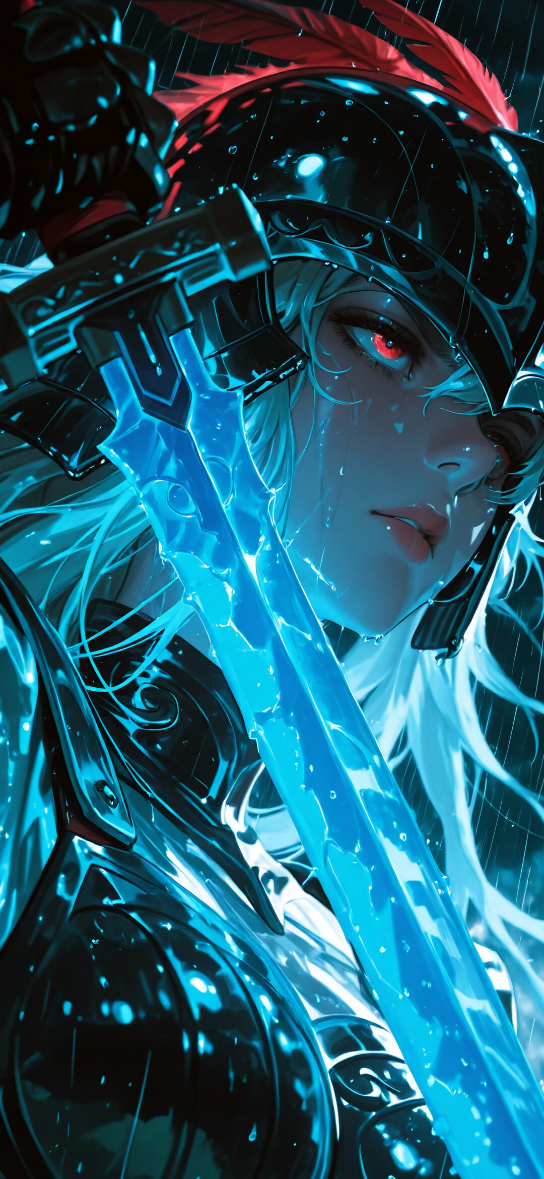 Портрет в стиле аниме, изображающий воительницу с длинными белыми волосами и светящимися красными глазами. На ней тёмные доспехи и шлем с красным плюмажем. Она стоит под дождём, держа в руках большой, светящийся синим цветом меч.