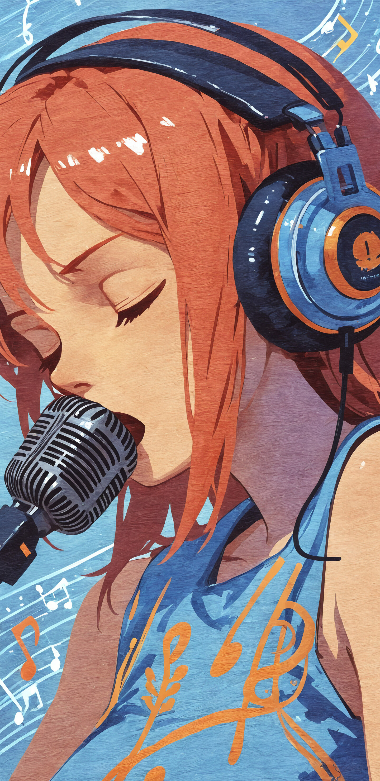 Стилизованный, выполненный в живописной манере портрет молодой женщины с темными волосами, в больших наушниках, поющей с закрытыми глазами в микрофон на фоне синего цвета, усеянного музыкальными нотами.