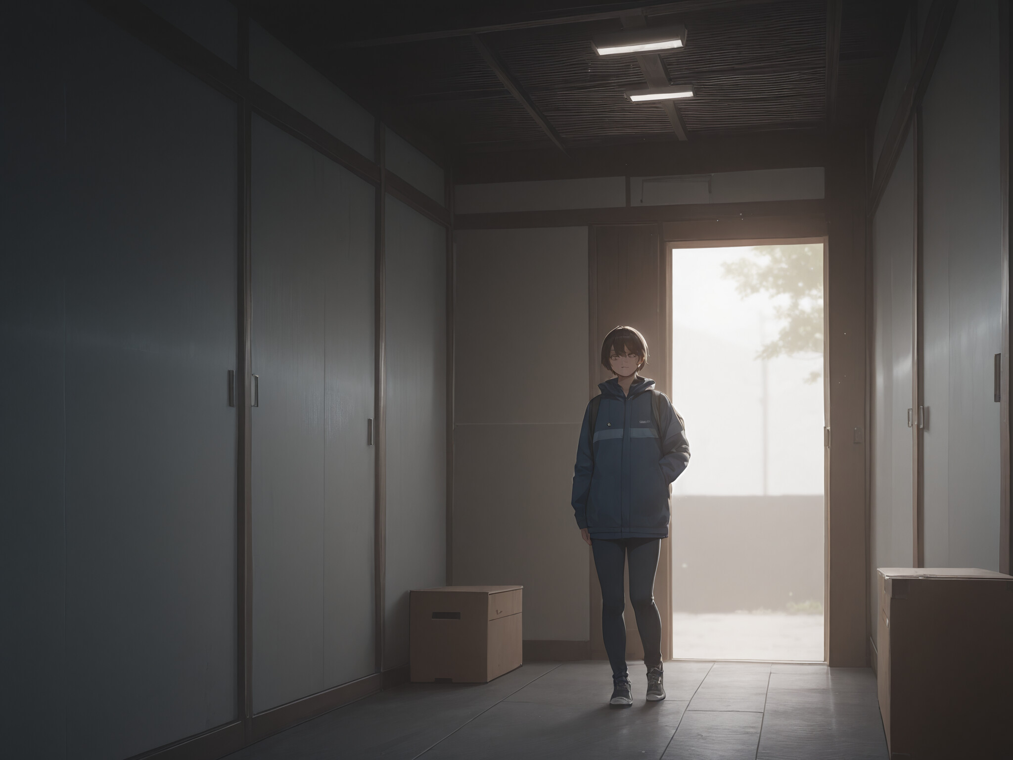 Молодая девушка в стиле аниме, с длинными светлыми волосами, одетая в длинное белое платье, стоит перед тёмно-зелёной дверью. В руках она держит какой-то предмет, а по обе стороны от неё, под ярким солнечным небом, стоят два больших растения в горшках.