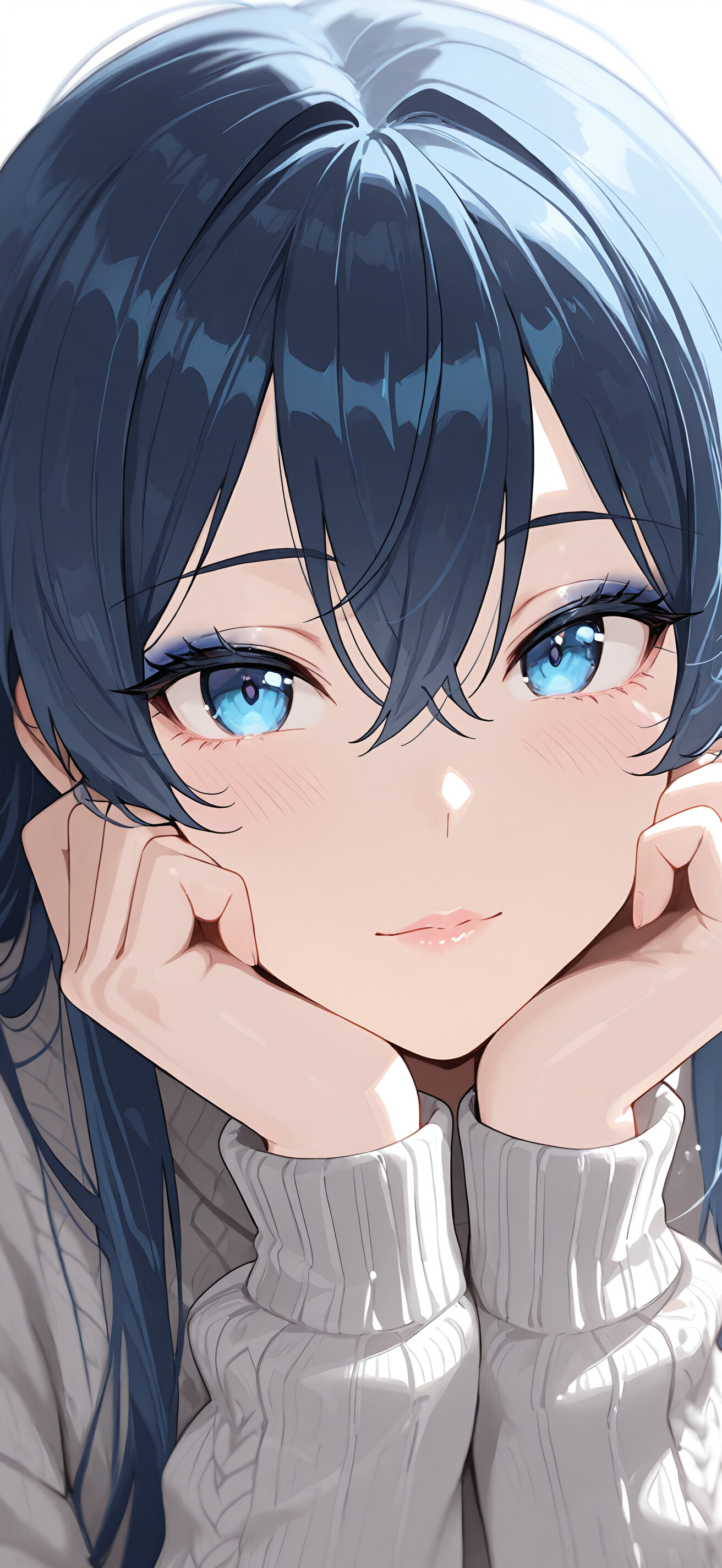 Крупный план цифрового портрета персонажа с короткой светло-голубой прической и невероятно детализированными голубыми глазами, смотрящего вперёд с невозмутимым выражением лица.