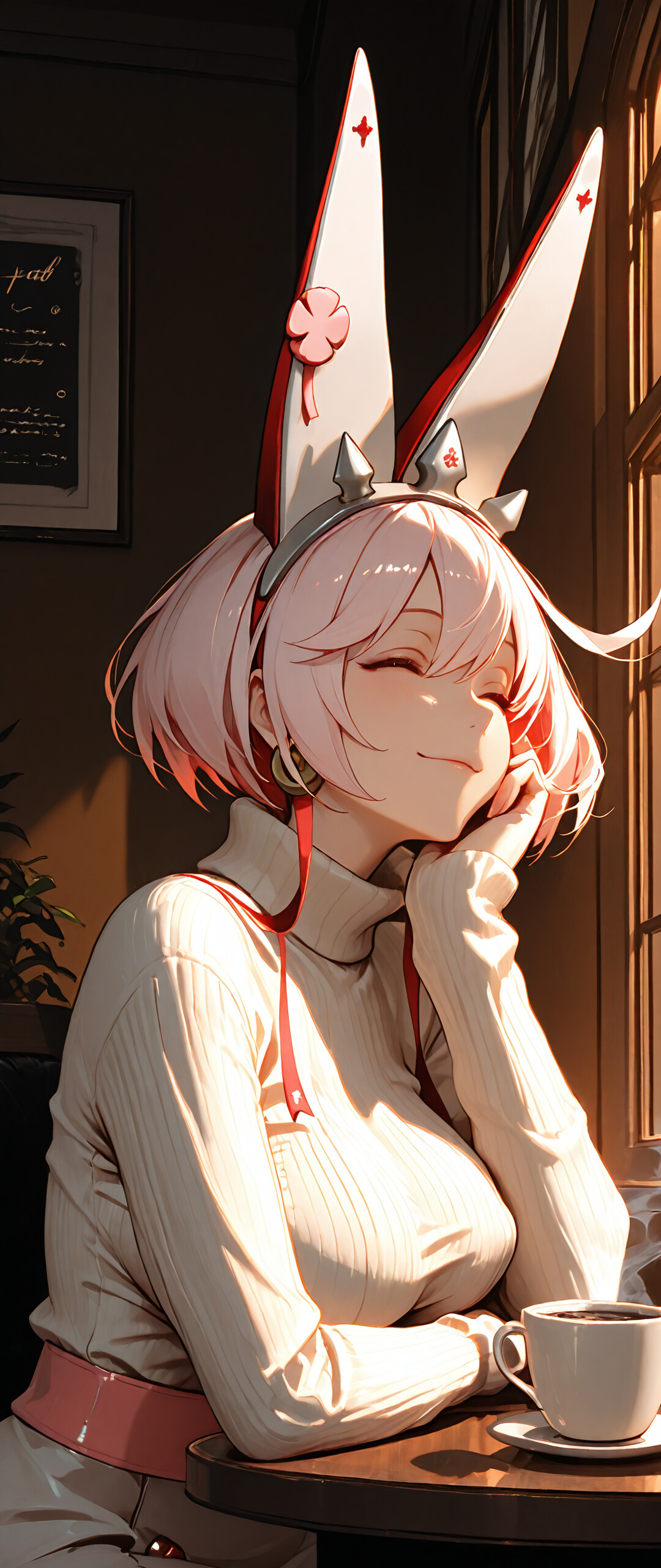 Иллюстрация в стиле аниме, изображающая Элфельт Валентайн из Guilty Gear. У неё короткие розовые волосы, голубые глаза и большие белые уши, похожие на заячьи, а на голове — ободок с шипами. Она одета в белый свитер с высоким воротником и сидит за деревянным столиком в кафе, мягко улыбаясь и прислонив подбородок к руке. Рядом с ней на столе стоит чашка кофе.