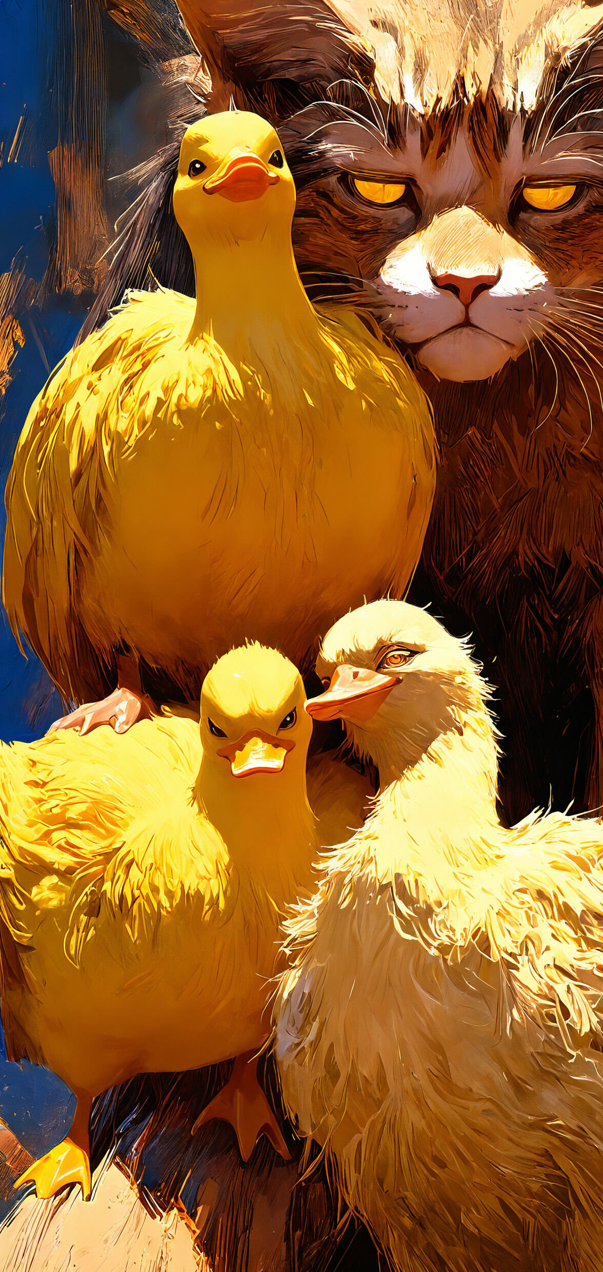 Детальная, выполненная в живописной манере иллюстрация морды сердитого полосатого кота, изображённая в очень крупном плане. На его голове, словно корона, сидят шесть маленьких, ярко-жёлтых резиновых уточек.