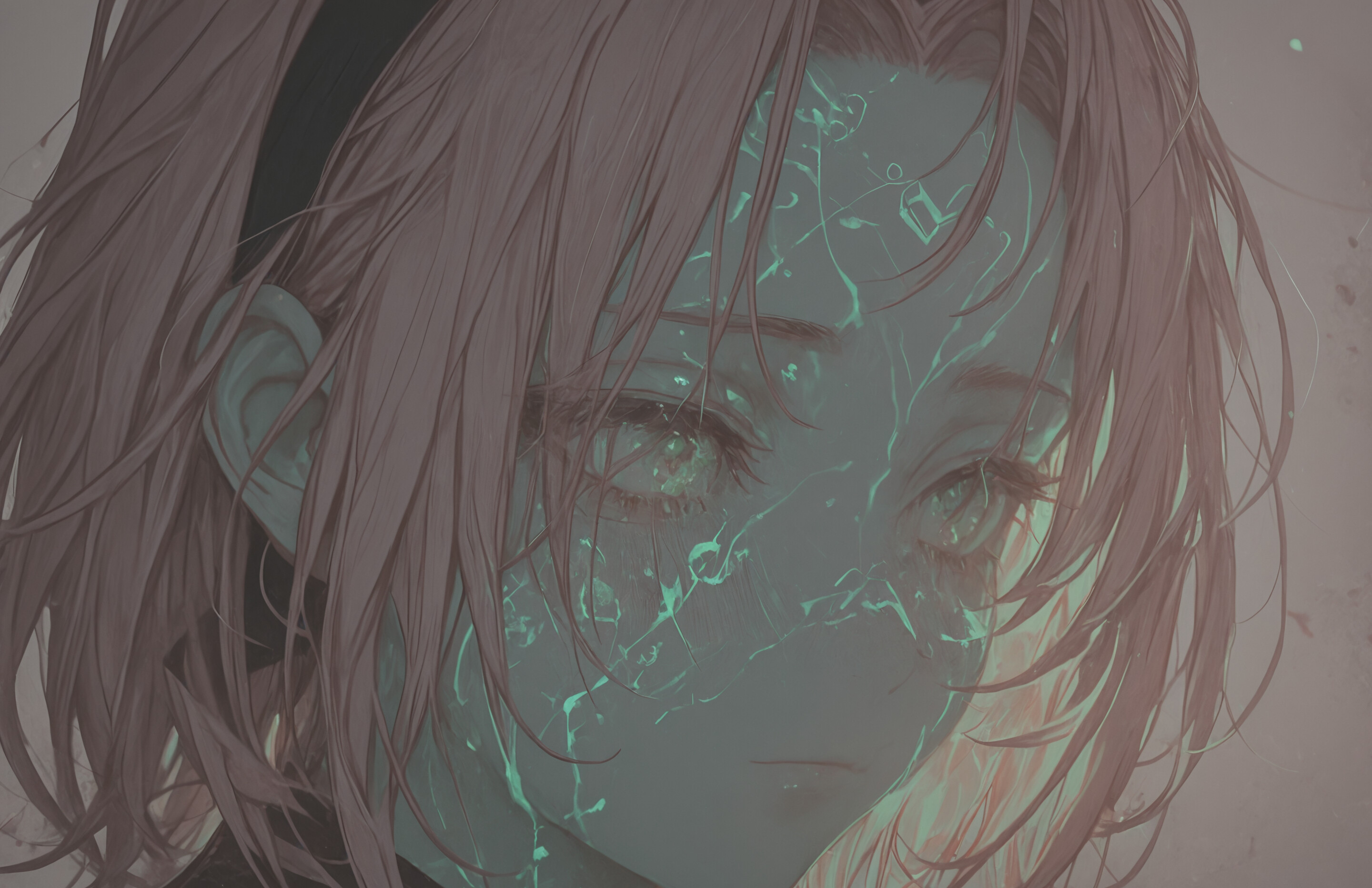 Художественный портрет Сакуры Харуно из аниме «Наруто» с розовыми волосами и светящимися зелеными глазами. На ее лбу изображена печать «Сила ста», она одета в темный наряд с светящимися зелеными узорами на фоне звездного неба, усыпанного парящими лепестками.